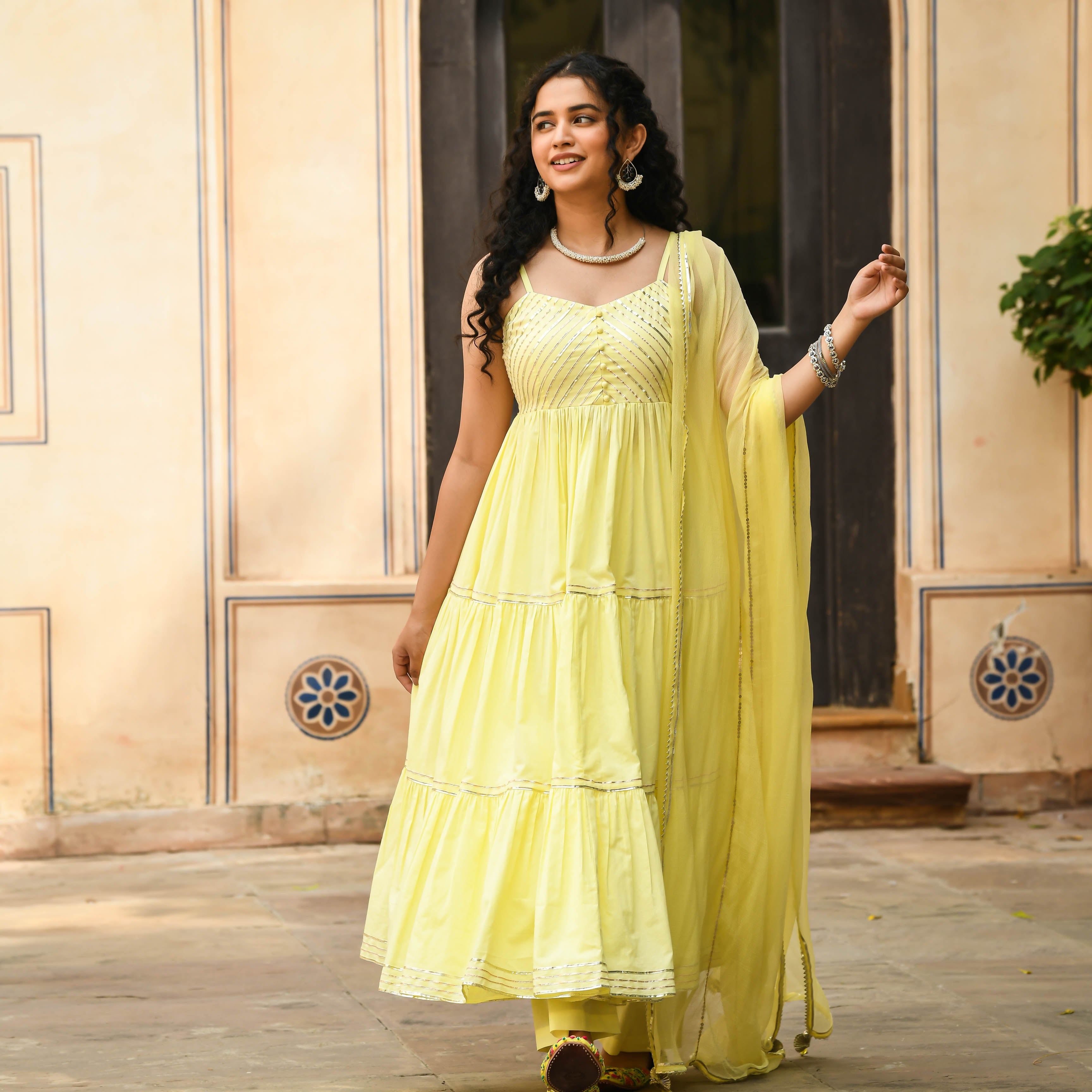 Yellow Tiered Anarkali Suit Set with Gotta work