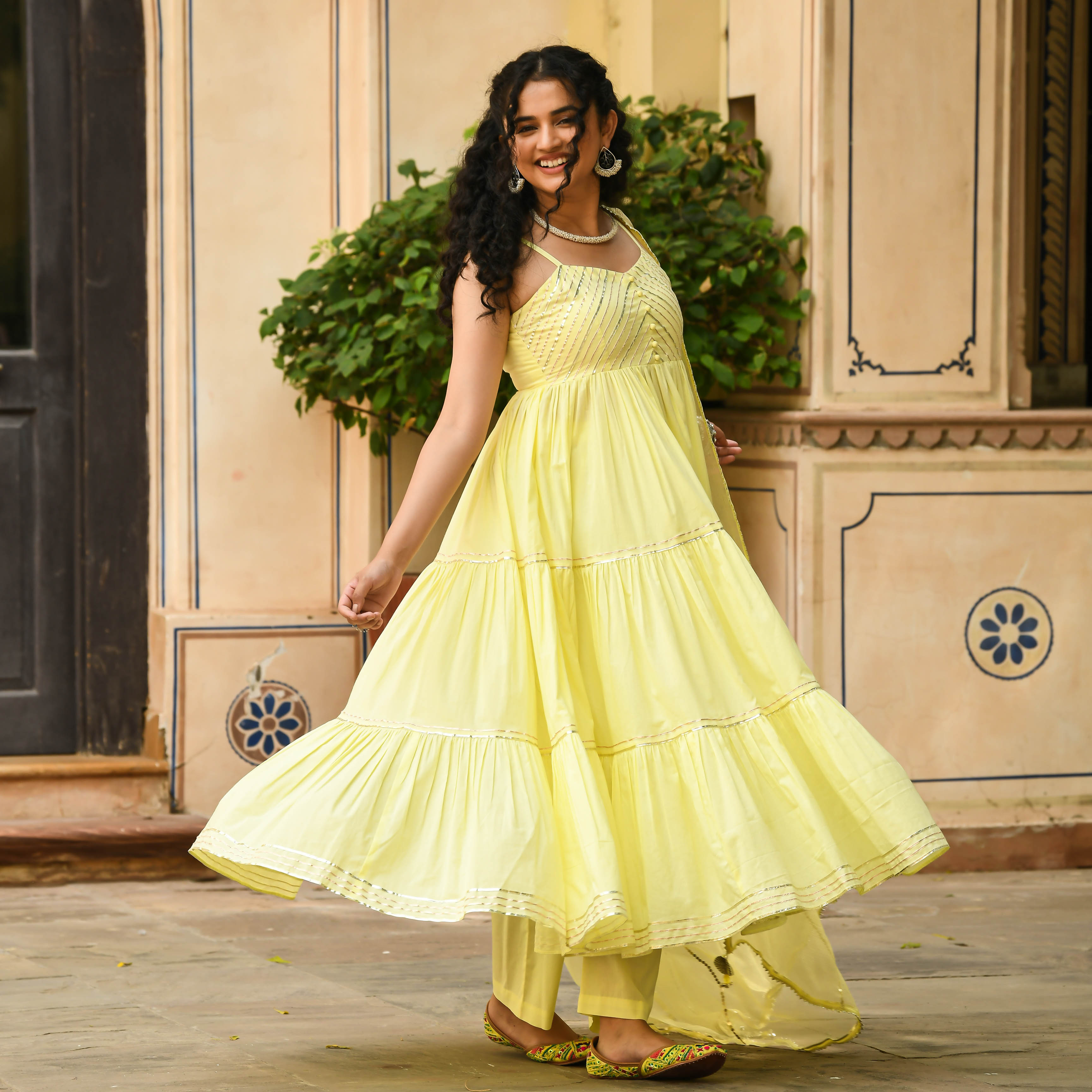 Light Yellow Anarkali Kurta Set With Dupatta For Women Online