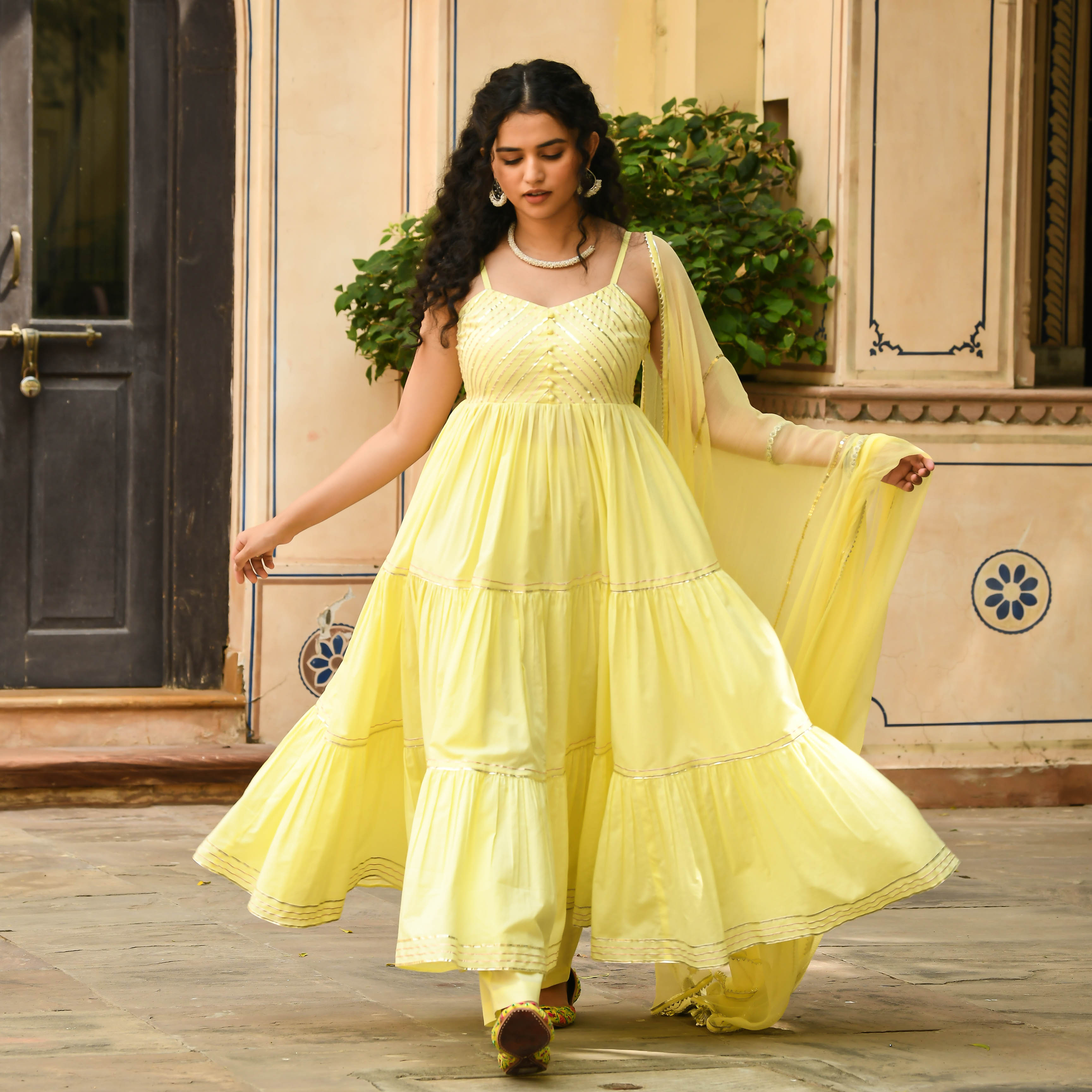 Lemon Yellow Color Wedding Wear Net Semi Stitched Anarkali Gown –  fashionnaari