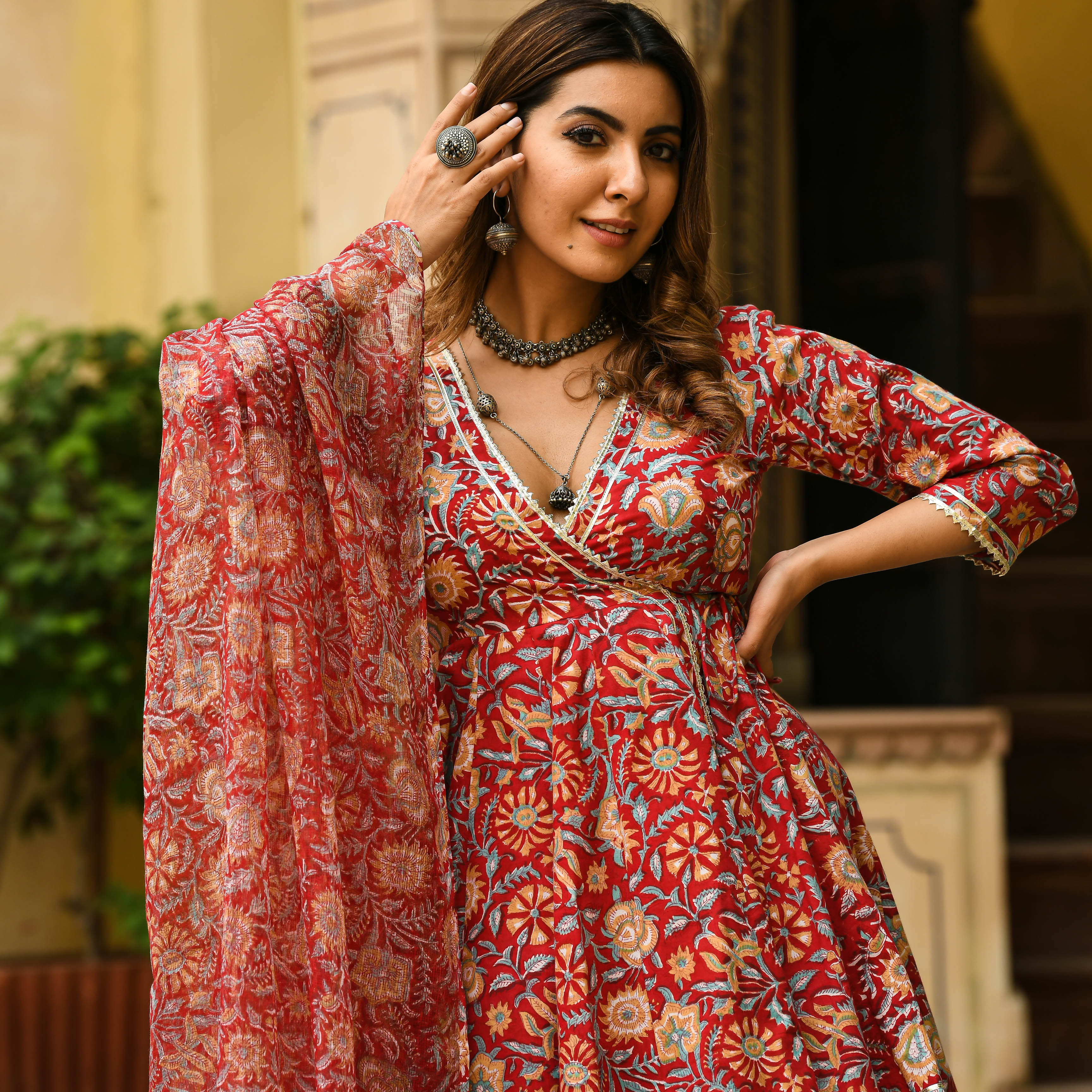  Aadya Handblock Printed Red Designer Anarkali Suit Set For Women Online