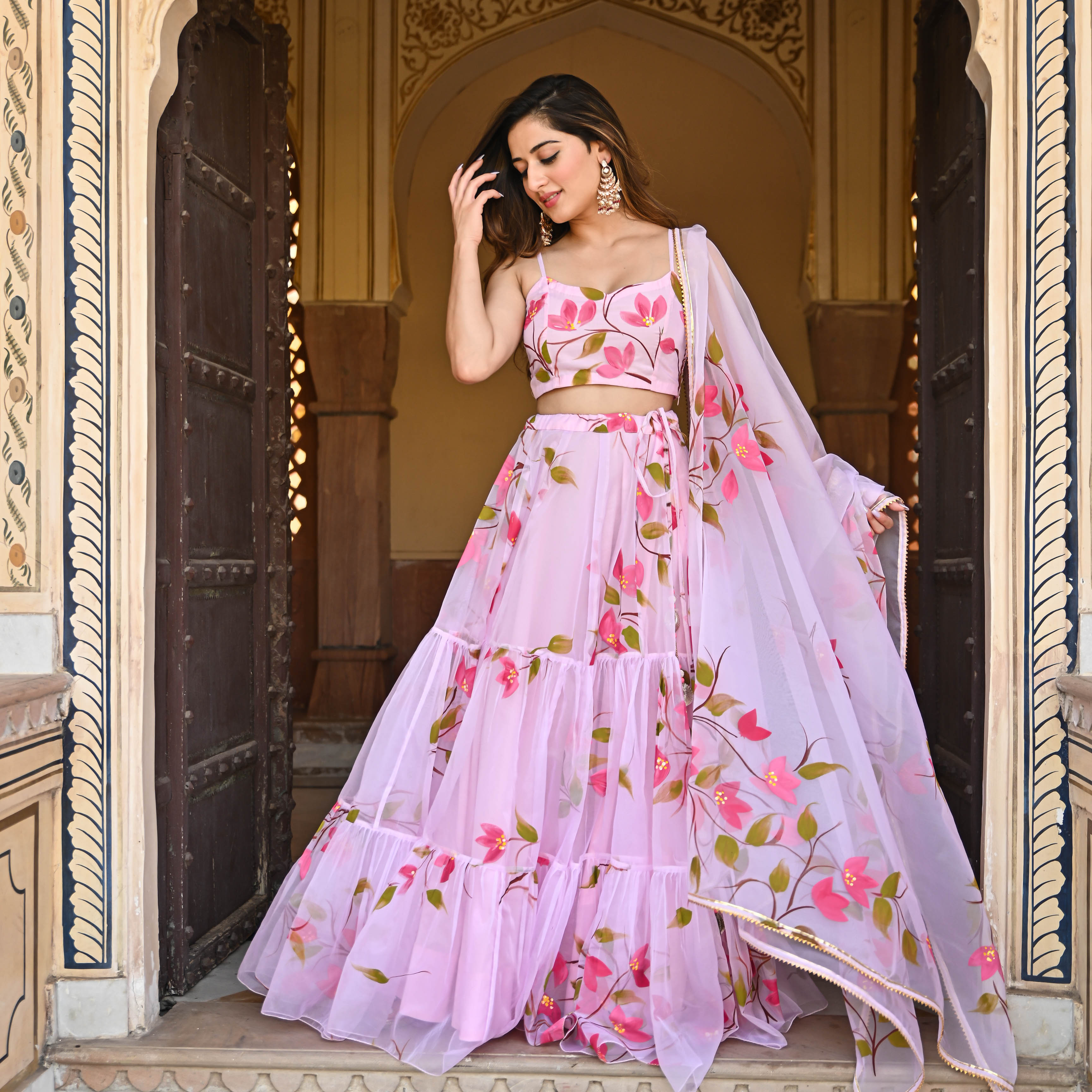 Baby Pink HandPainted Floral Lehenga Set For Women Online