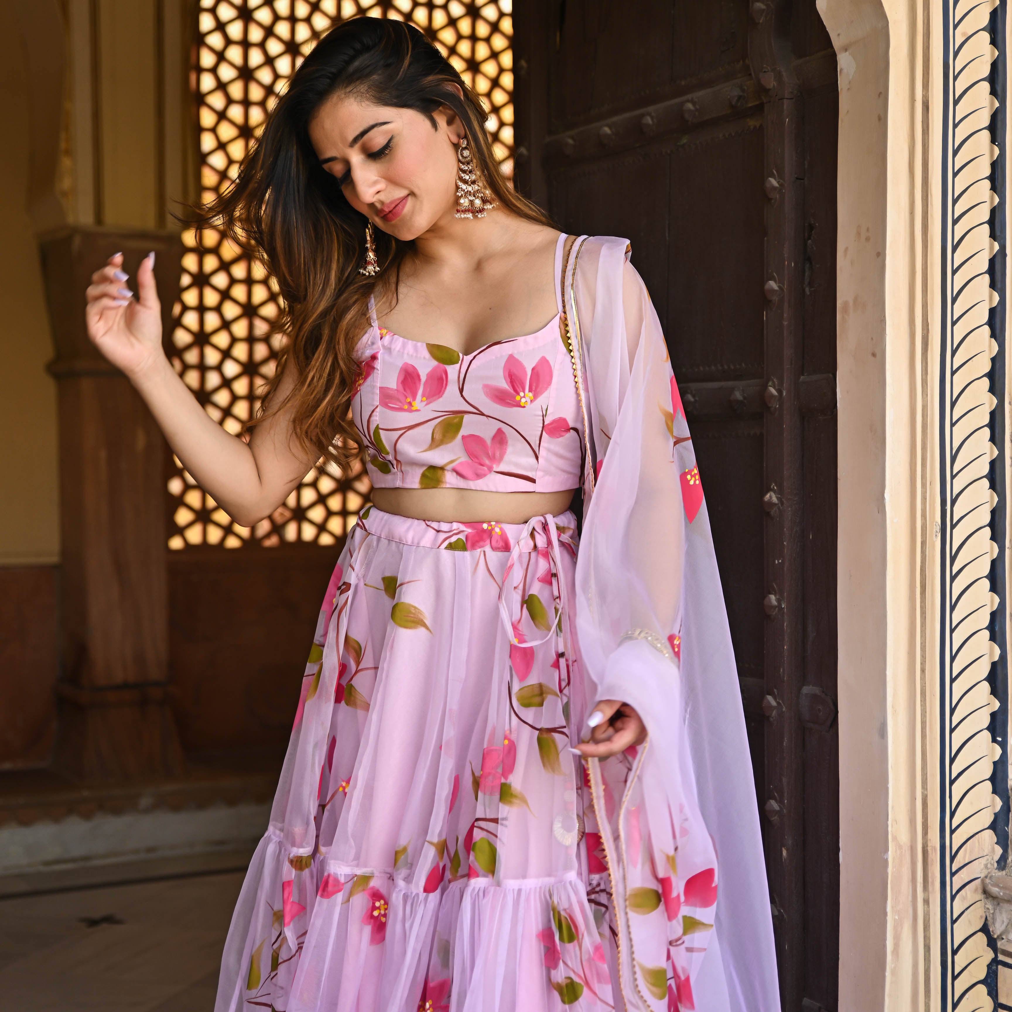 Baby Pink HandPainted Sleeveless Lehenga Set For Women Online