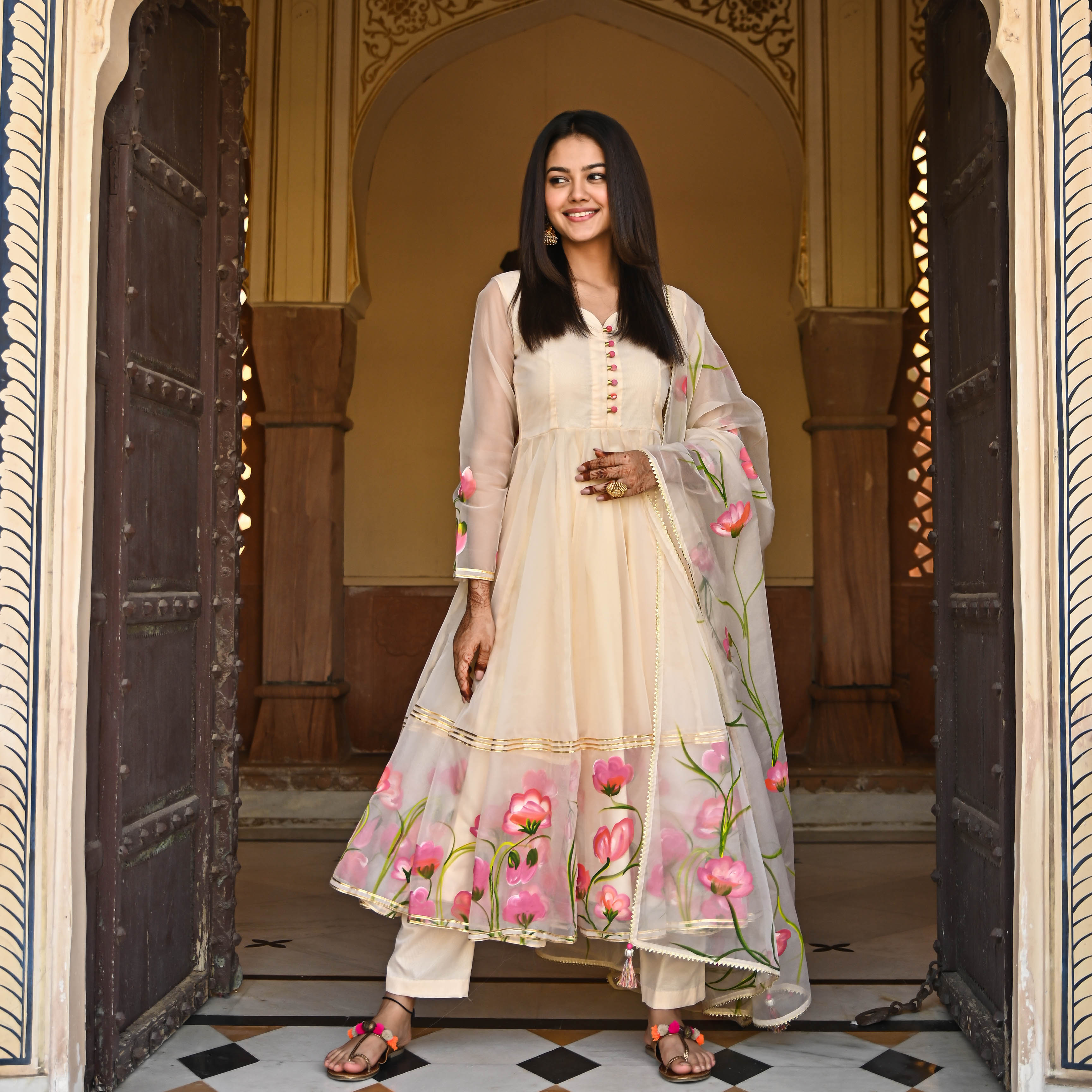 Cream Handpainted Anarkali Suit Sets