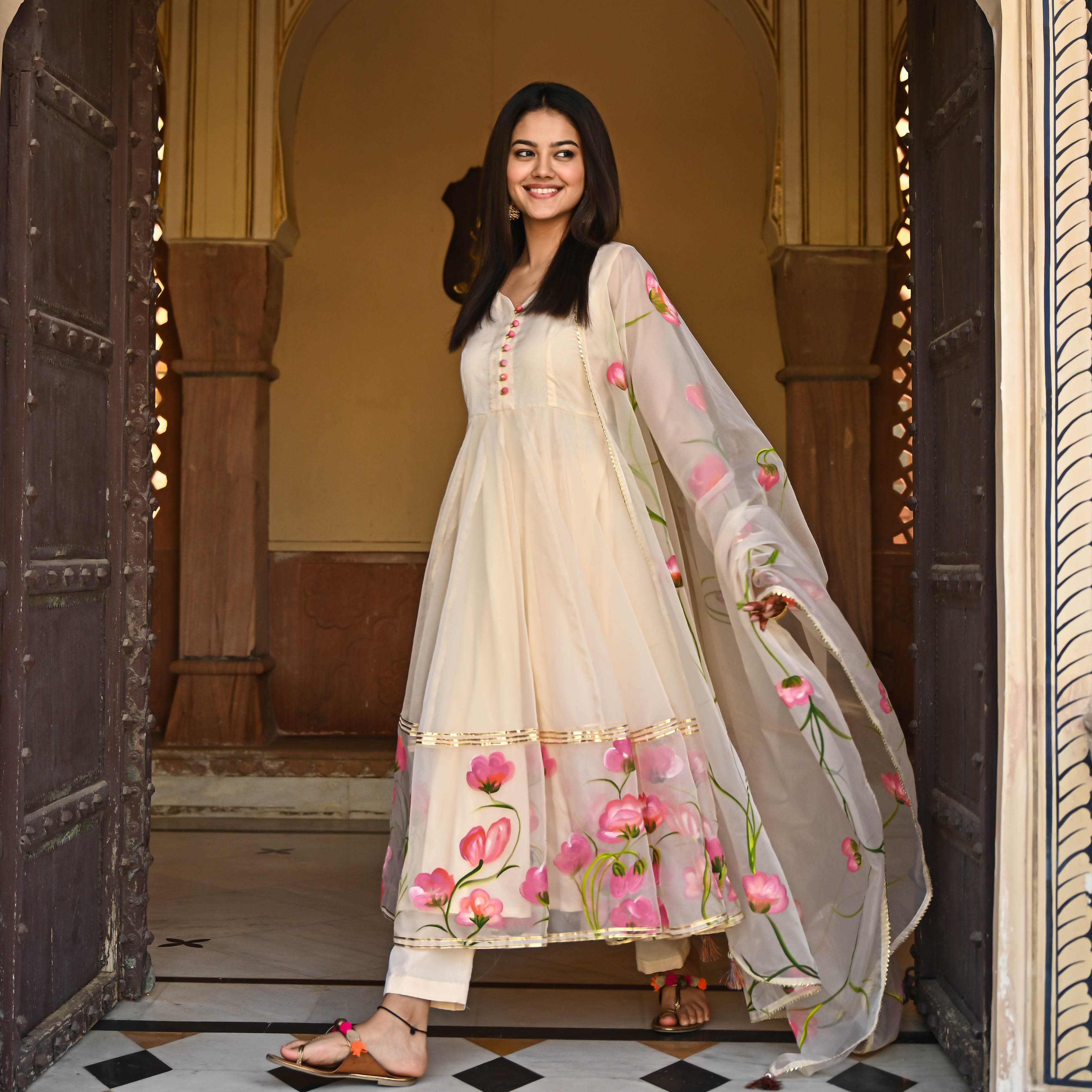 Cream Handpainted Anarkali Suit Sets