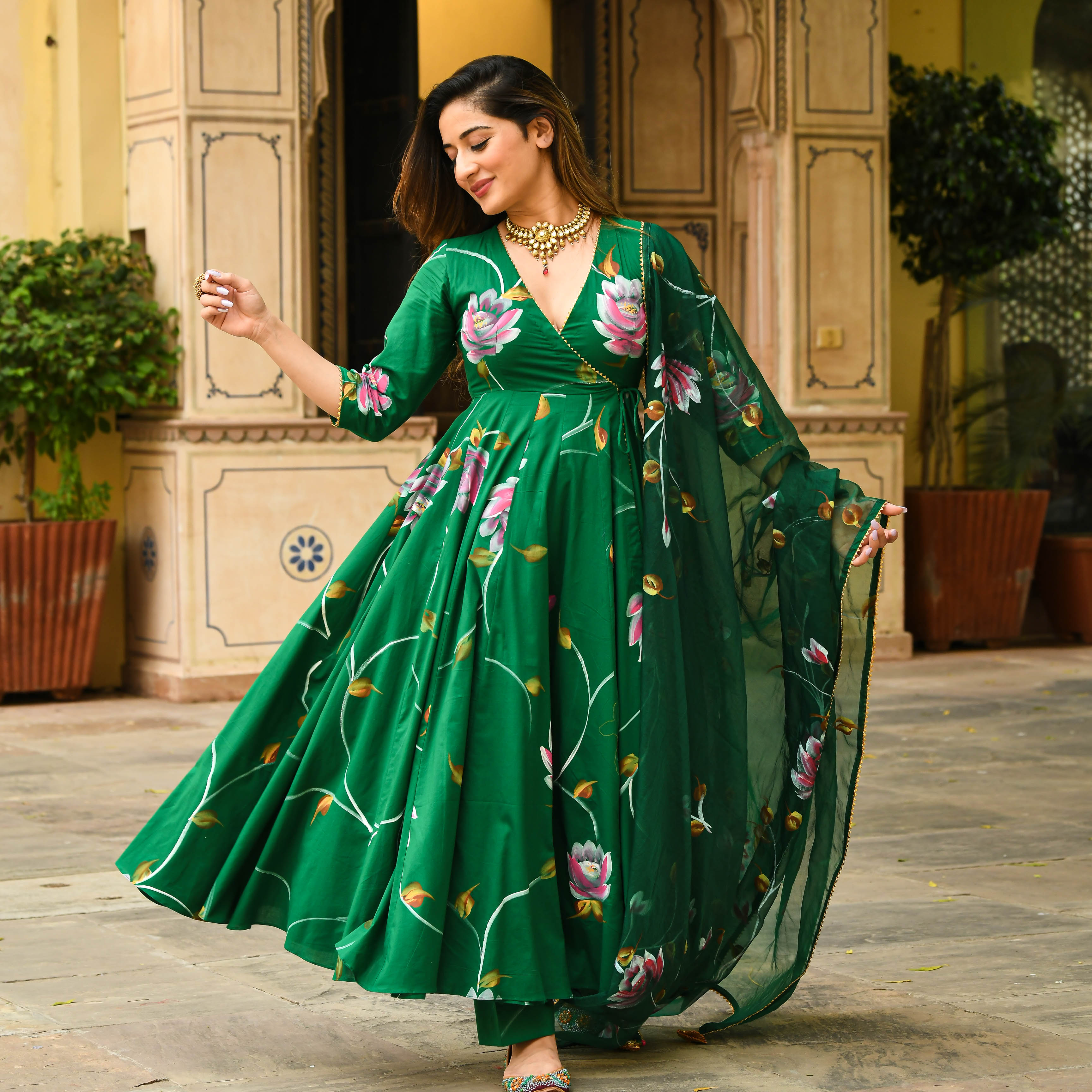 Bright Green Handpainted Designer Anarkali Suit Set For Women Online