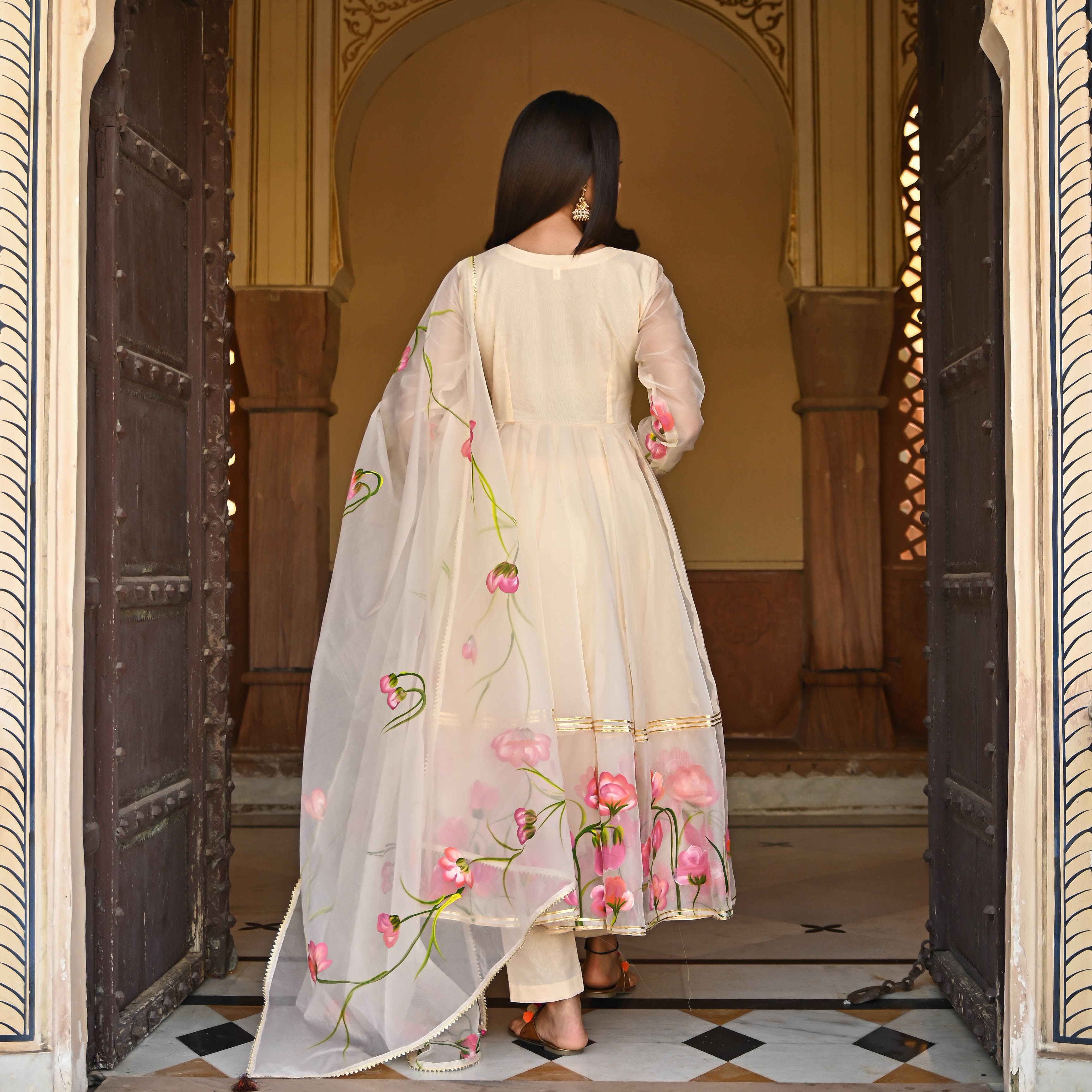 Cream Handpainted Anarkali Suit Set with gota work