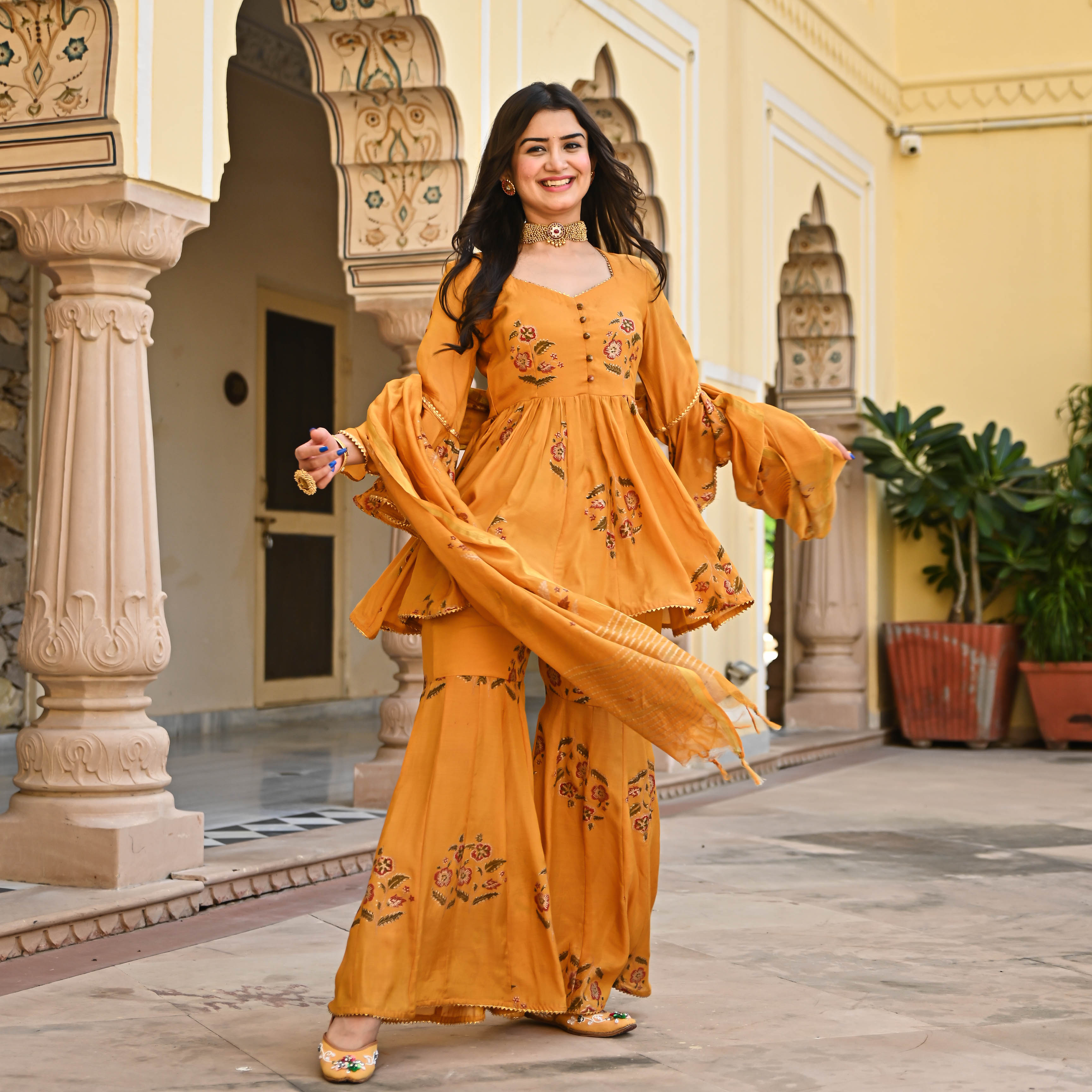  Yellow Gold Handblock Printed Designer Sharara Suit Set For Women Online
