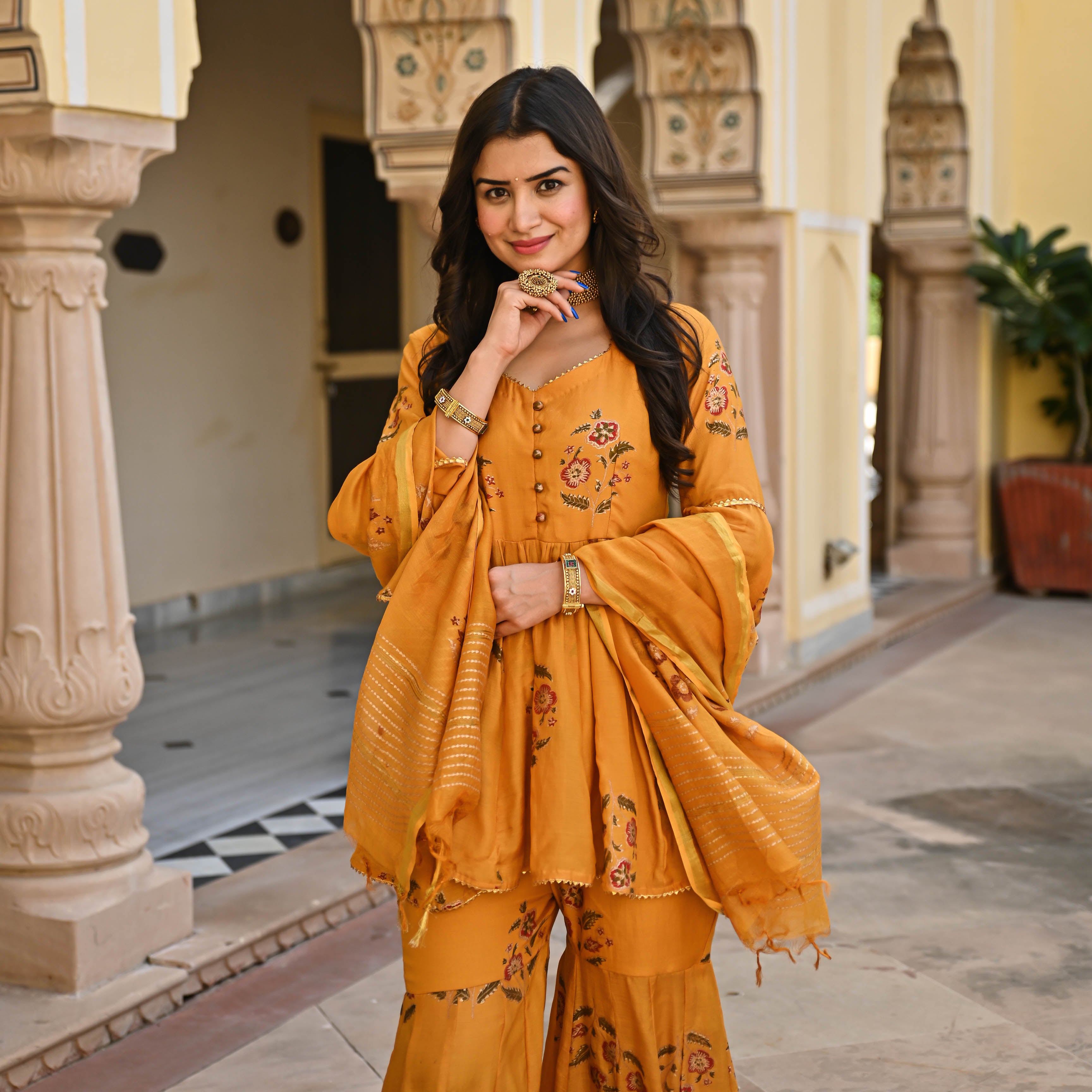  Yellow Gold Handblock Printed Designer Sharara Suit Set For Women Online