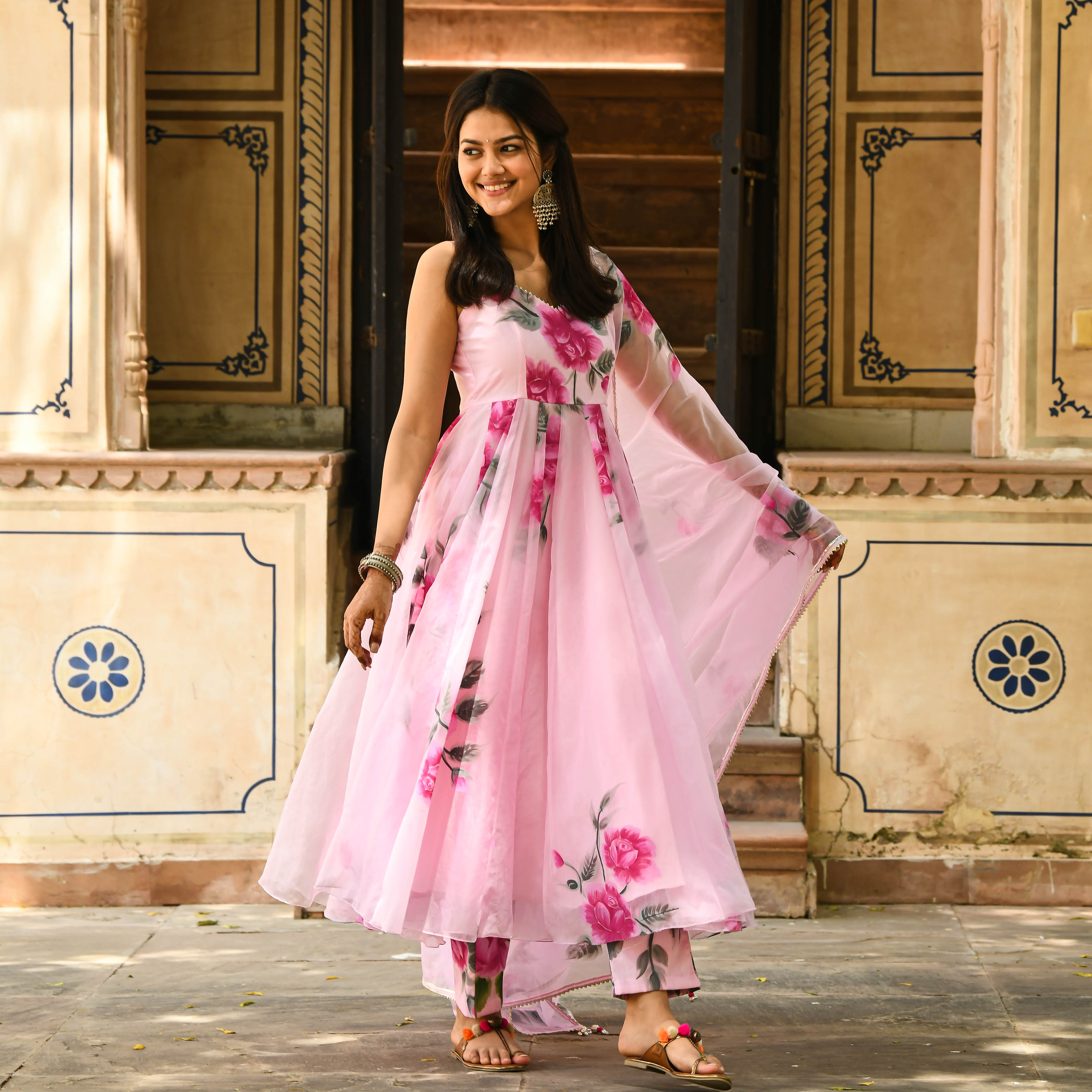 Buy Pink Organza Handpainted Designer Anarkali Suit Set for Women  Bunaai