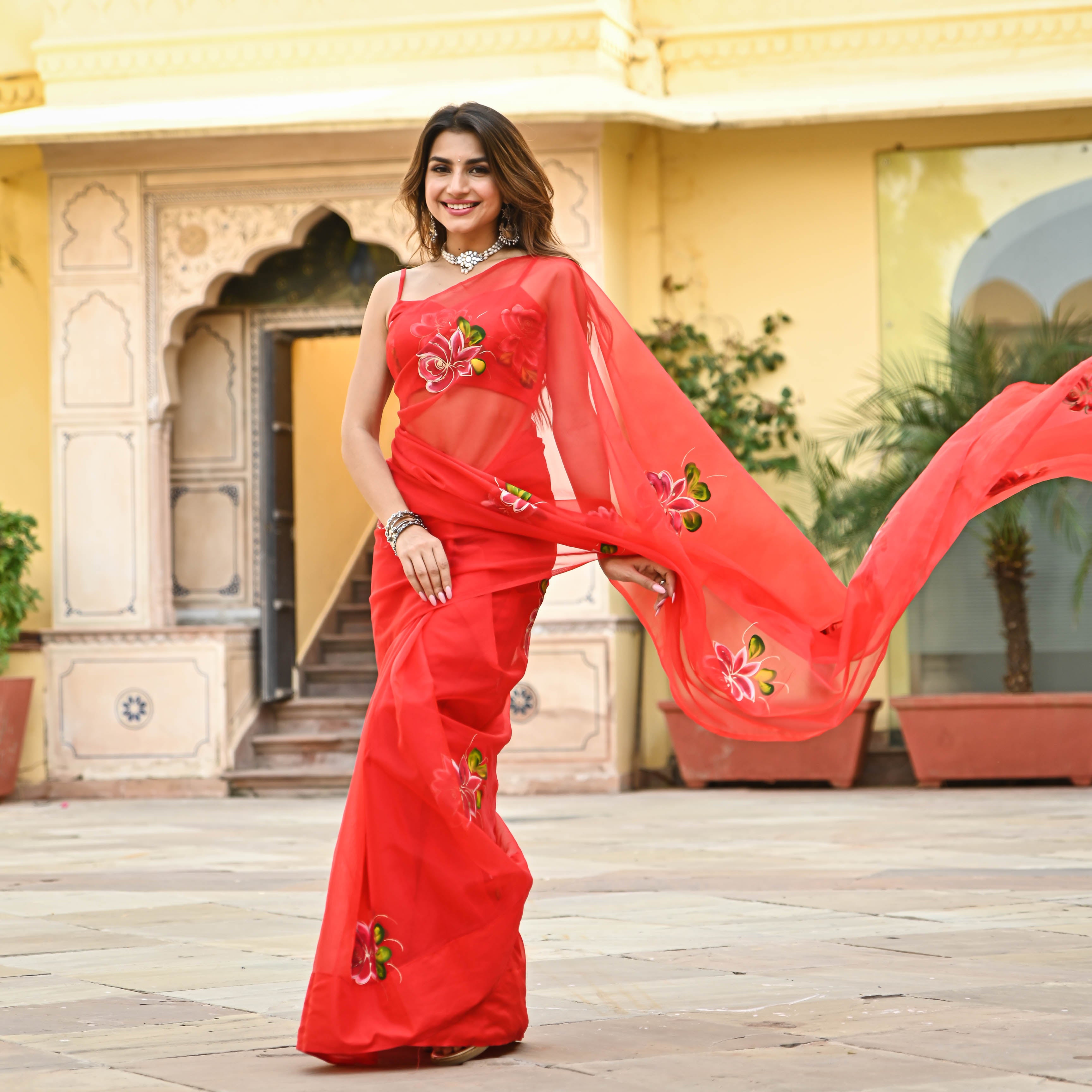 Red Floral Organza Saree For Women Online