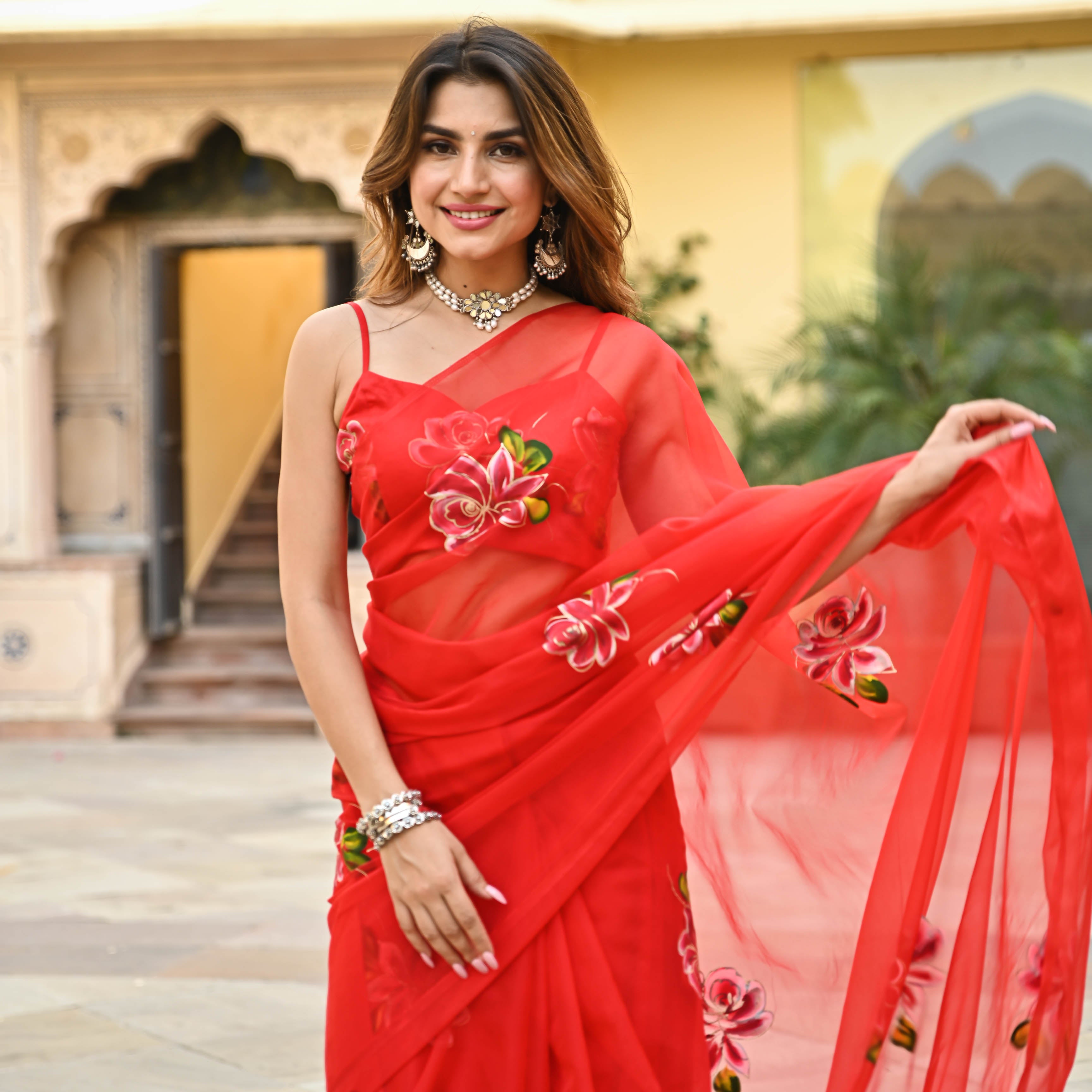 Buy Bunaai Red Floral Organza Saree For Women Online