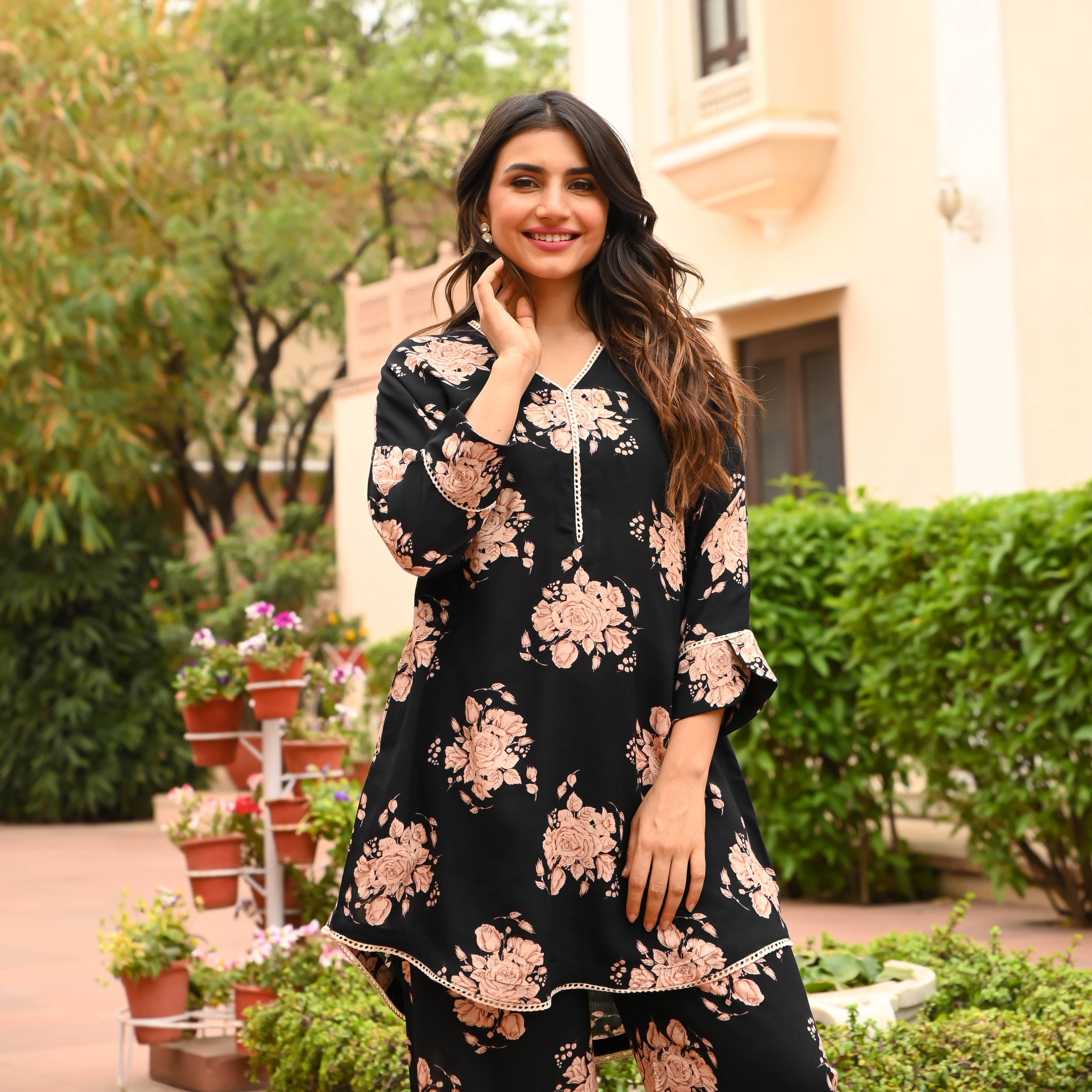 Buy Bunaai Black Rose Petal Kurta Pant Set For Women Online