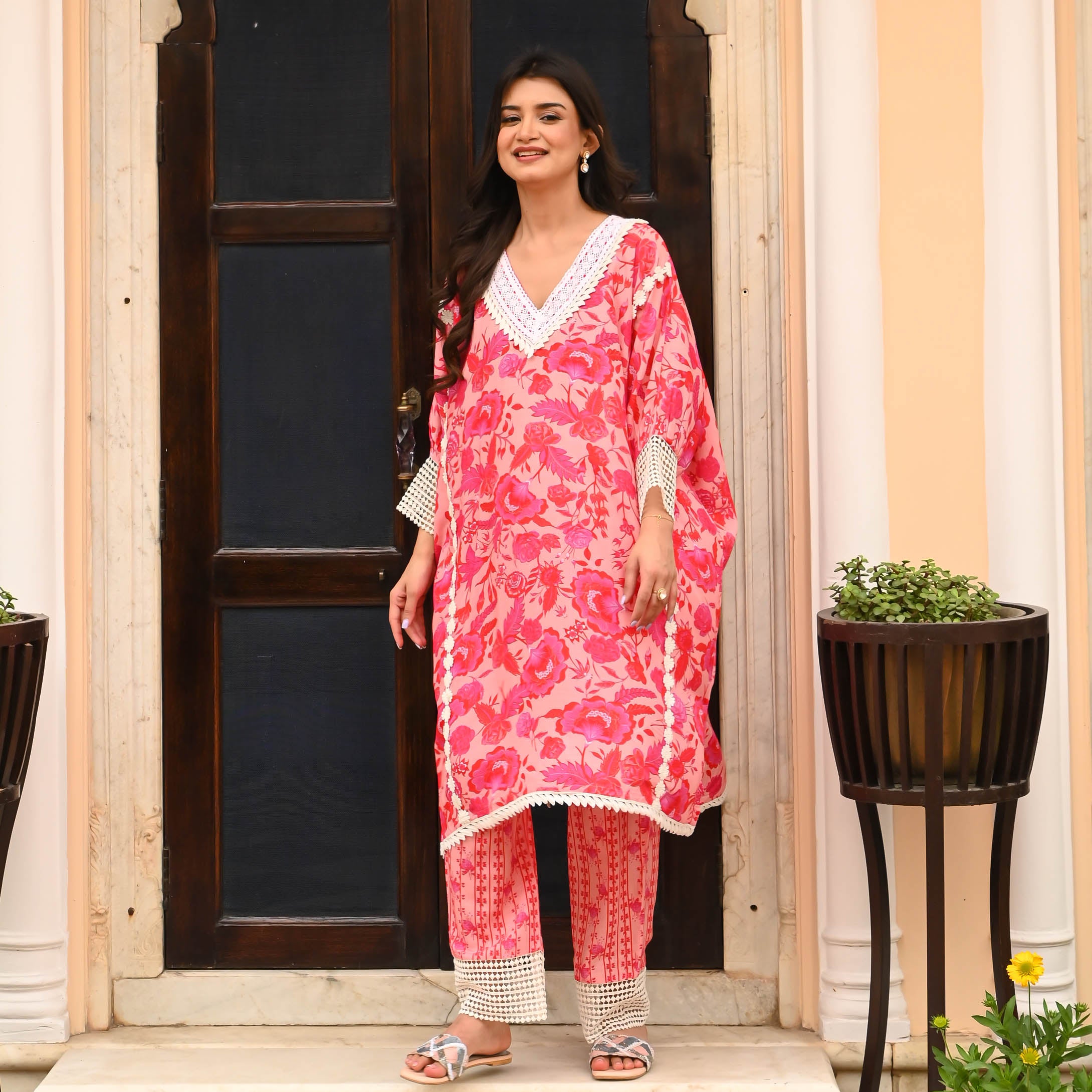 Coordinated Chic Floral Pink Kaftan Set For Women Online 