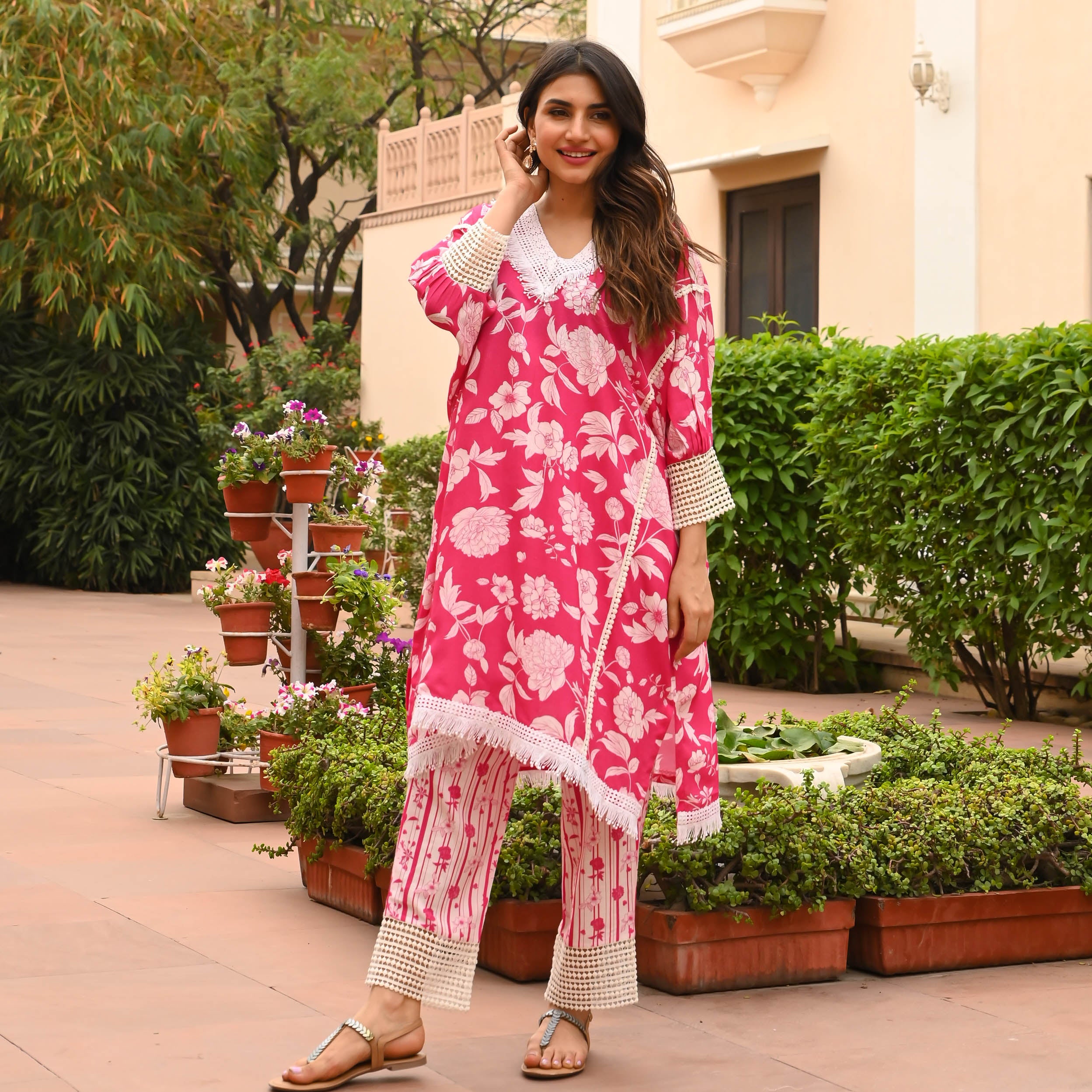 Mix & Match Pink Floral Summer Kaftan Set For Women Online 