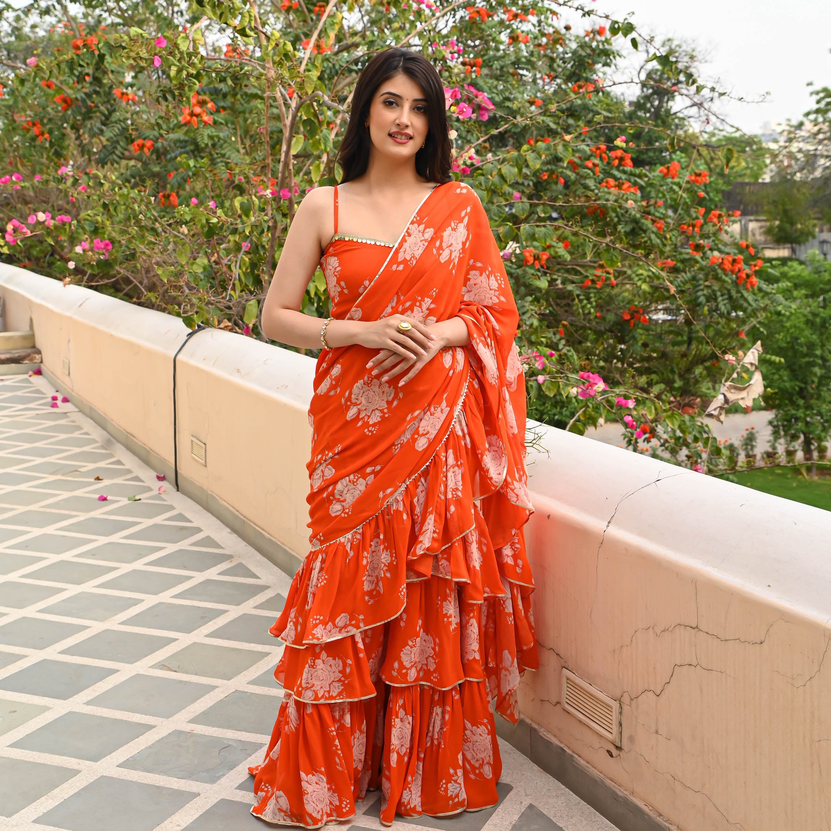 Red Plain Georgette Ruffle Saree With Printed Satin Border – Fabcurate