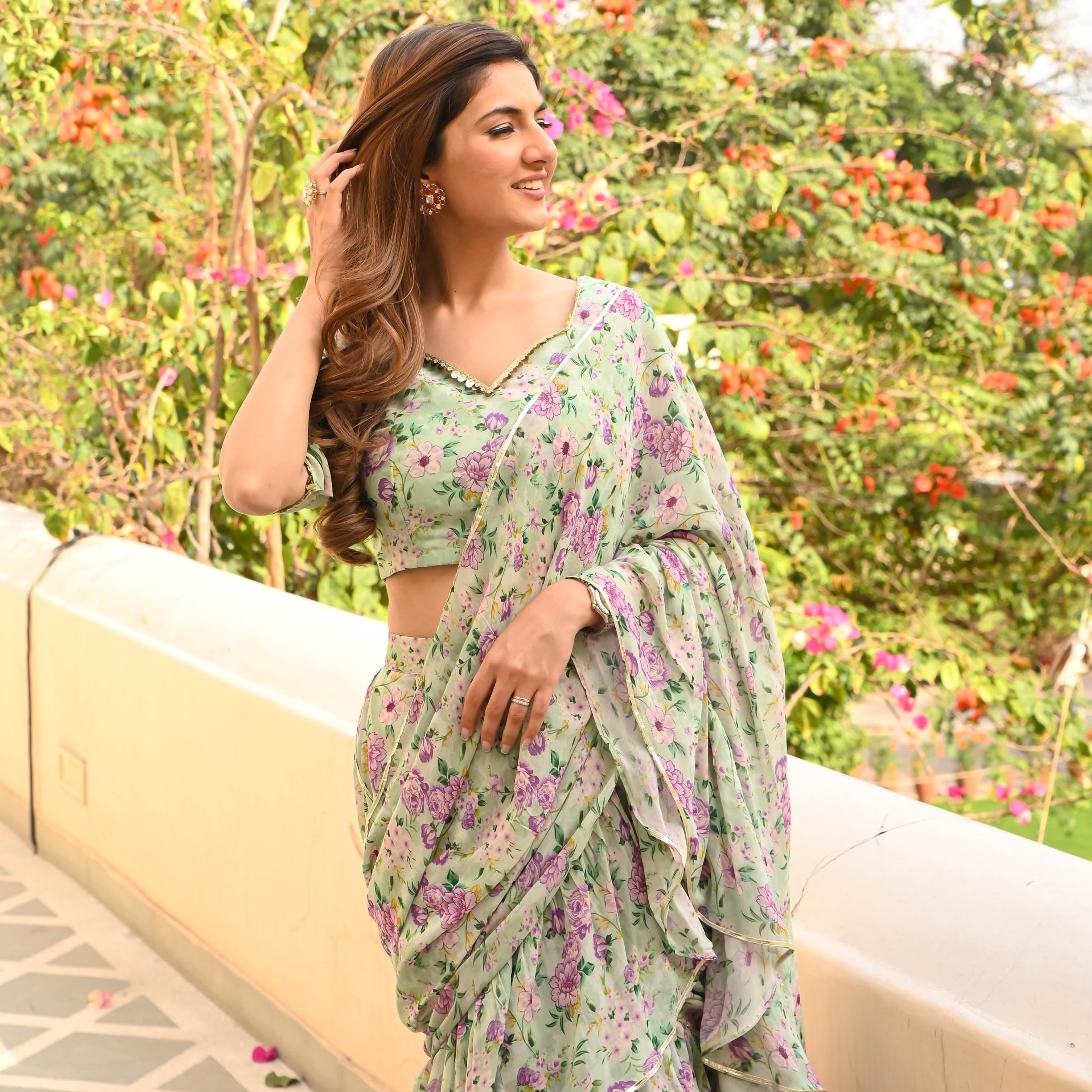 Green Floral Draped Saree for Women Online