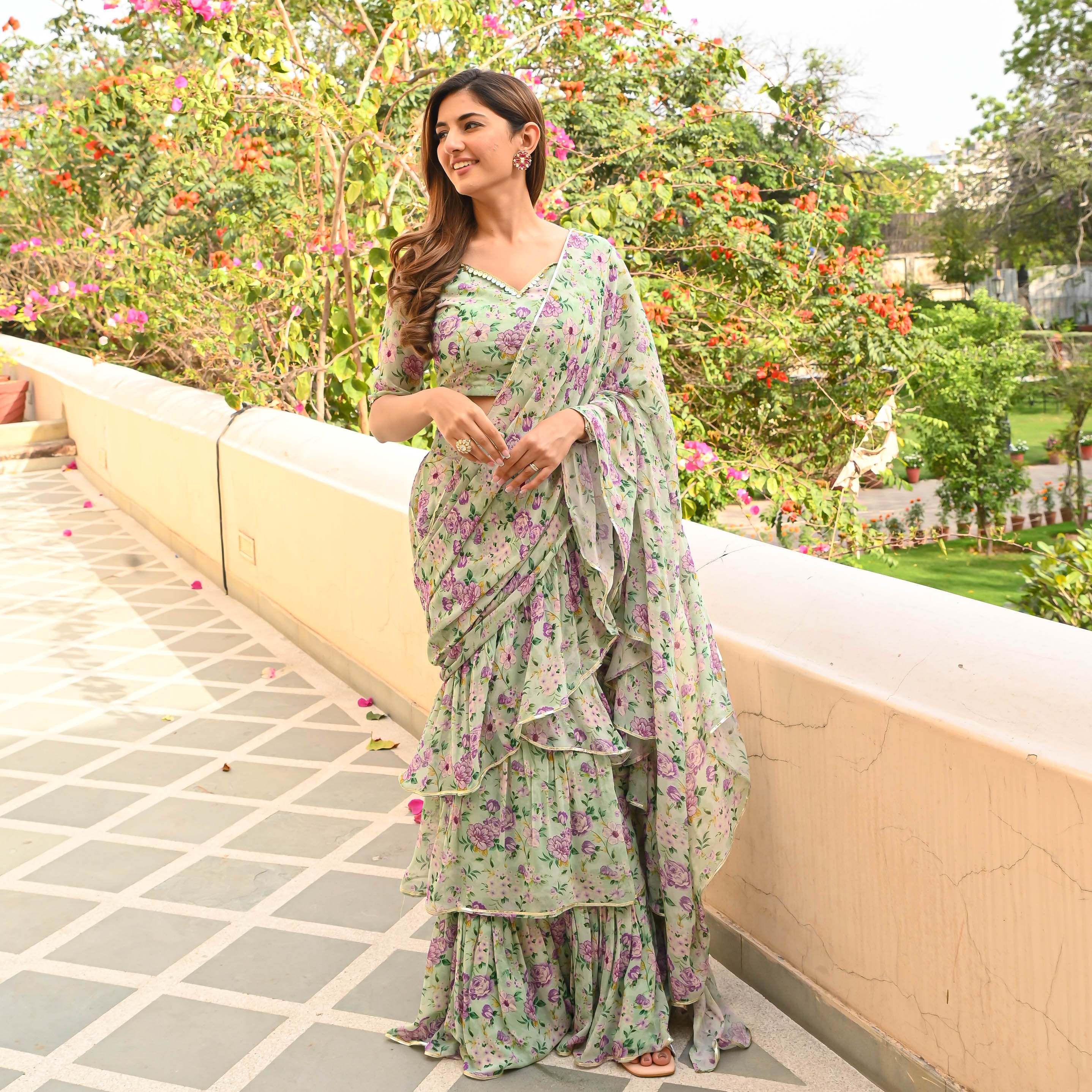 Green Floral Draped Saree for Women Online