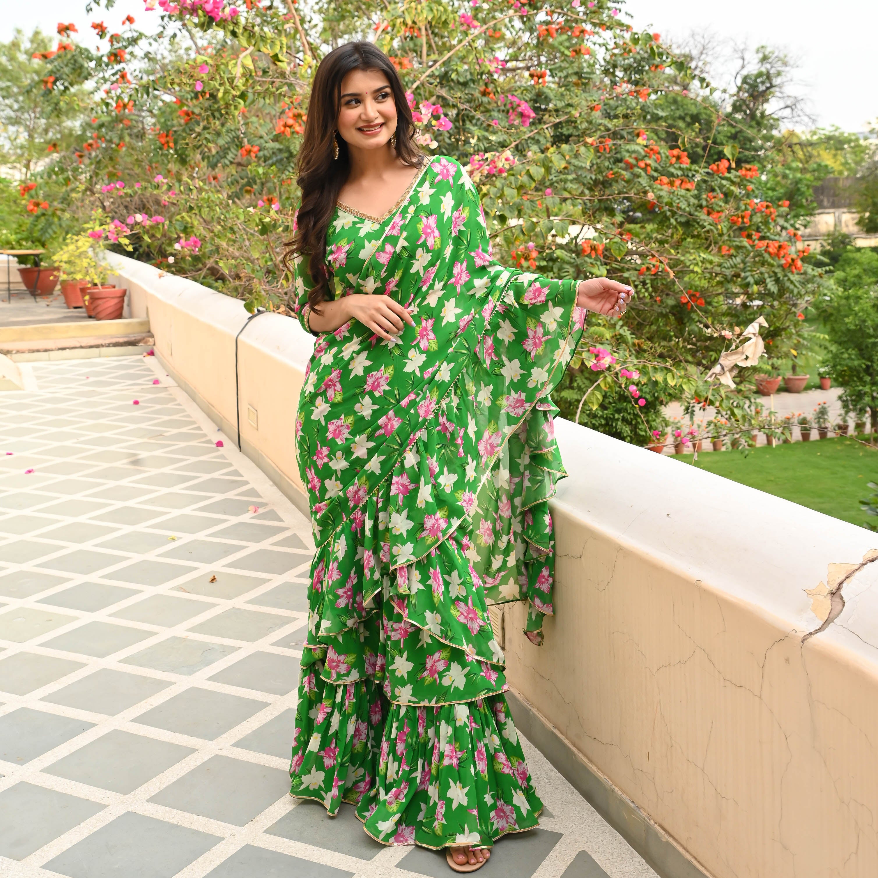 Green Floral Draped Saree for Women Online