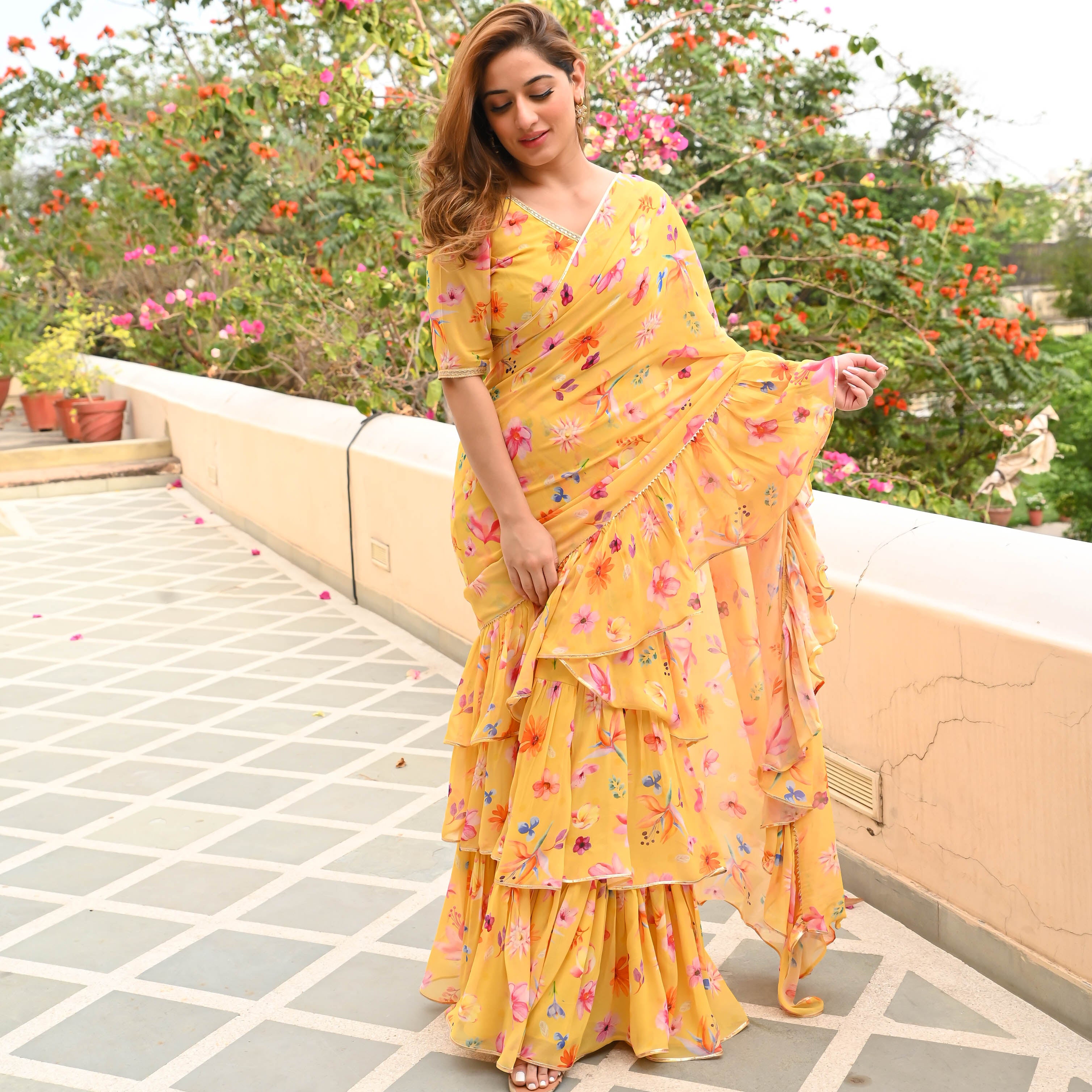 Yellow Floral Draped Saree for Women Online