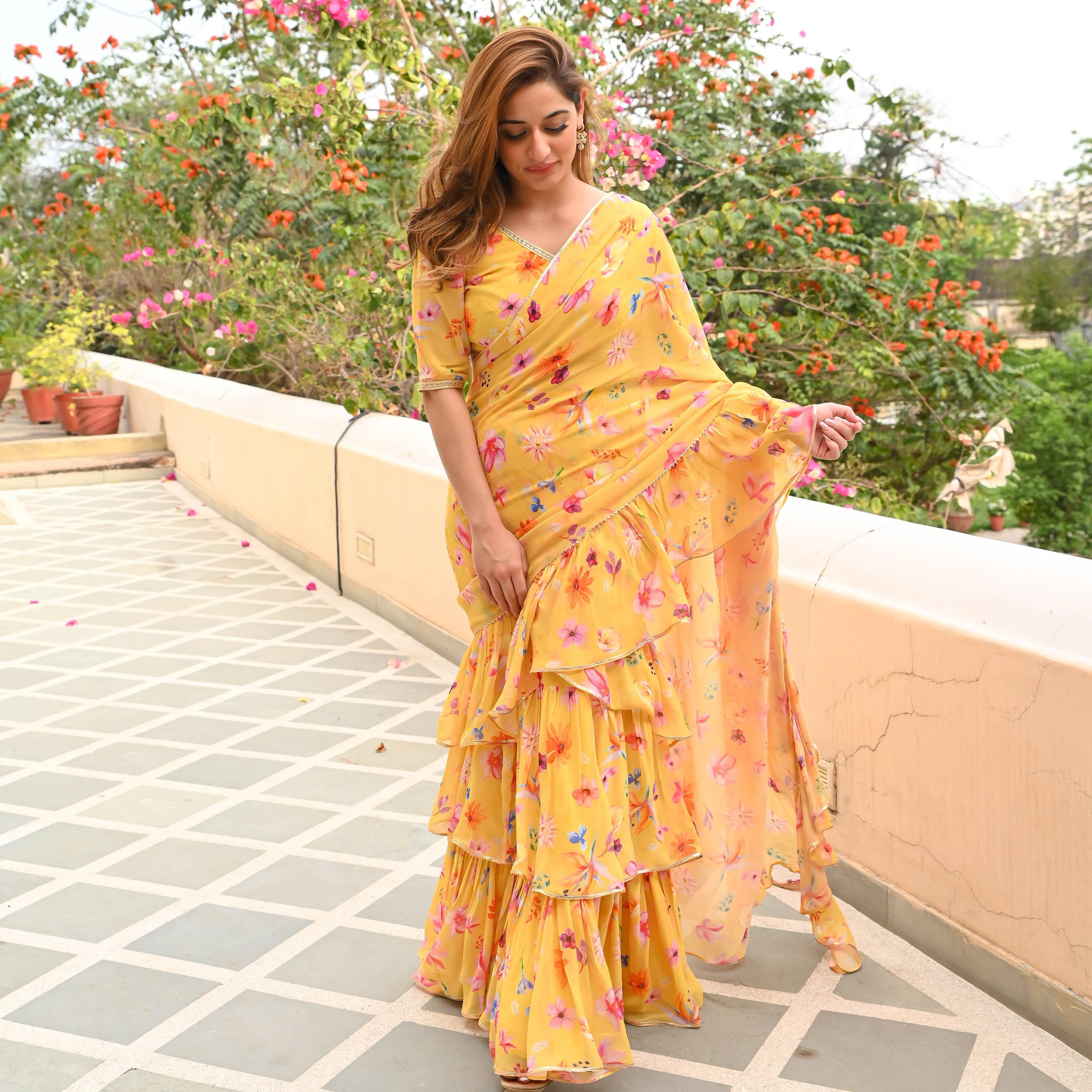 Yellow Floral Draped Saree for Women Online