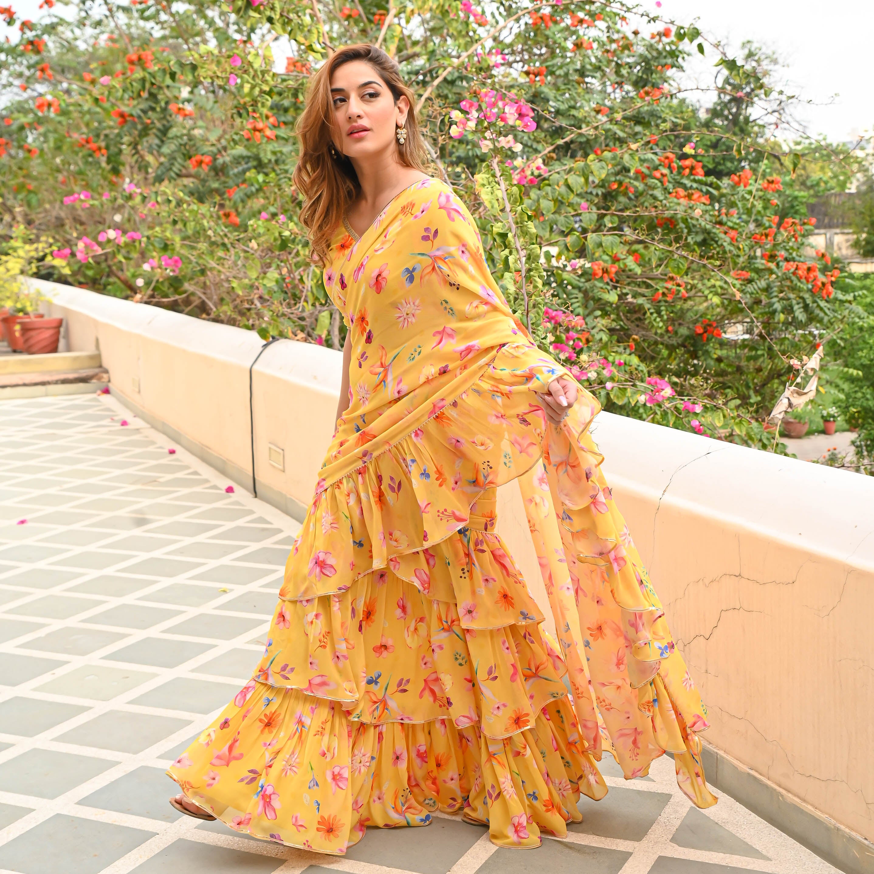 Yellow Floral Draped Saree for Women Online