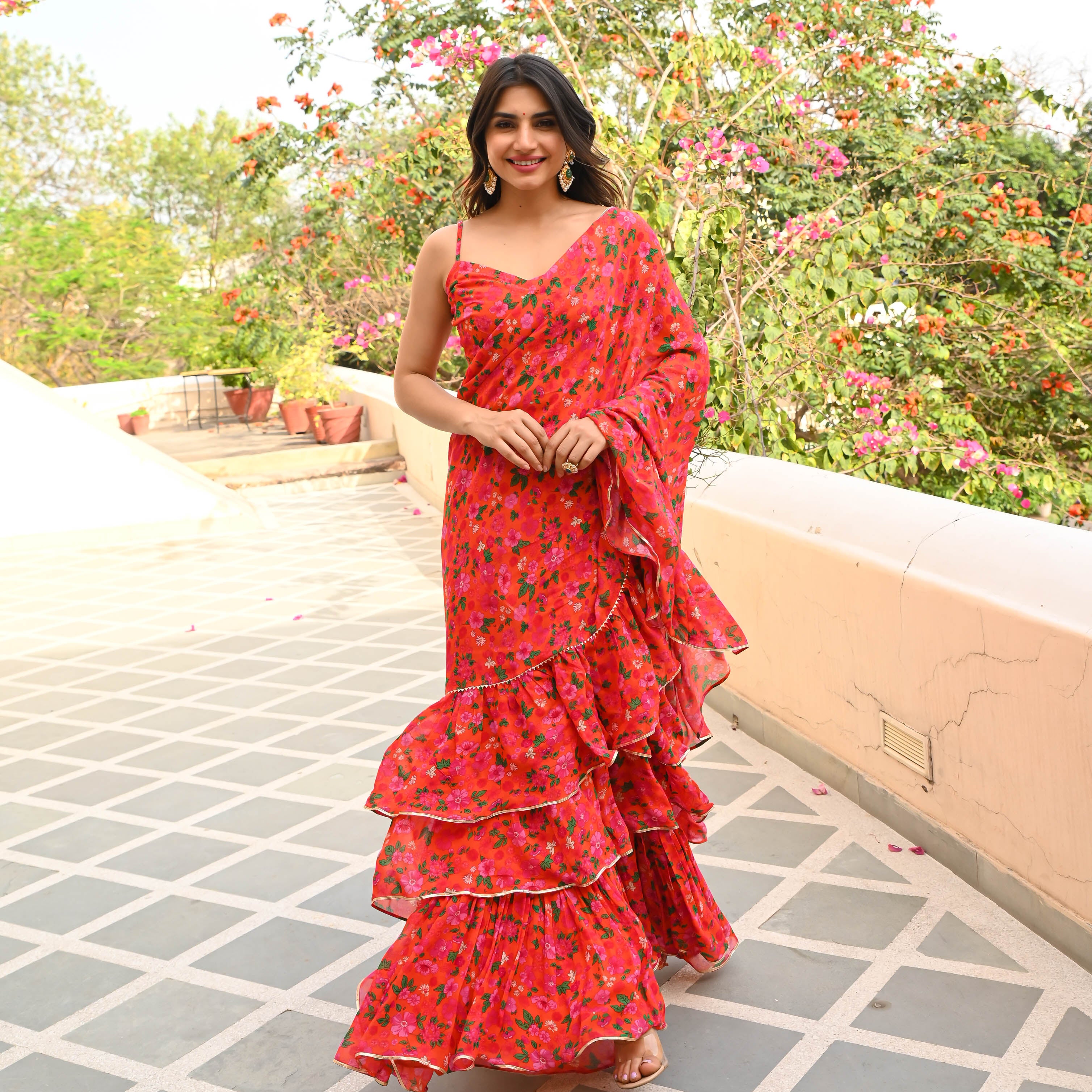 Red Malati Floral Drape Saree for women online