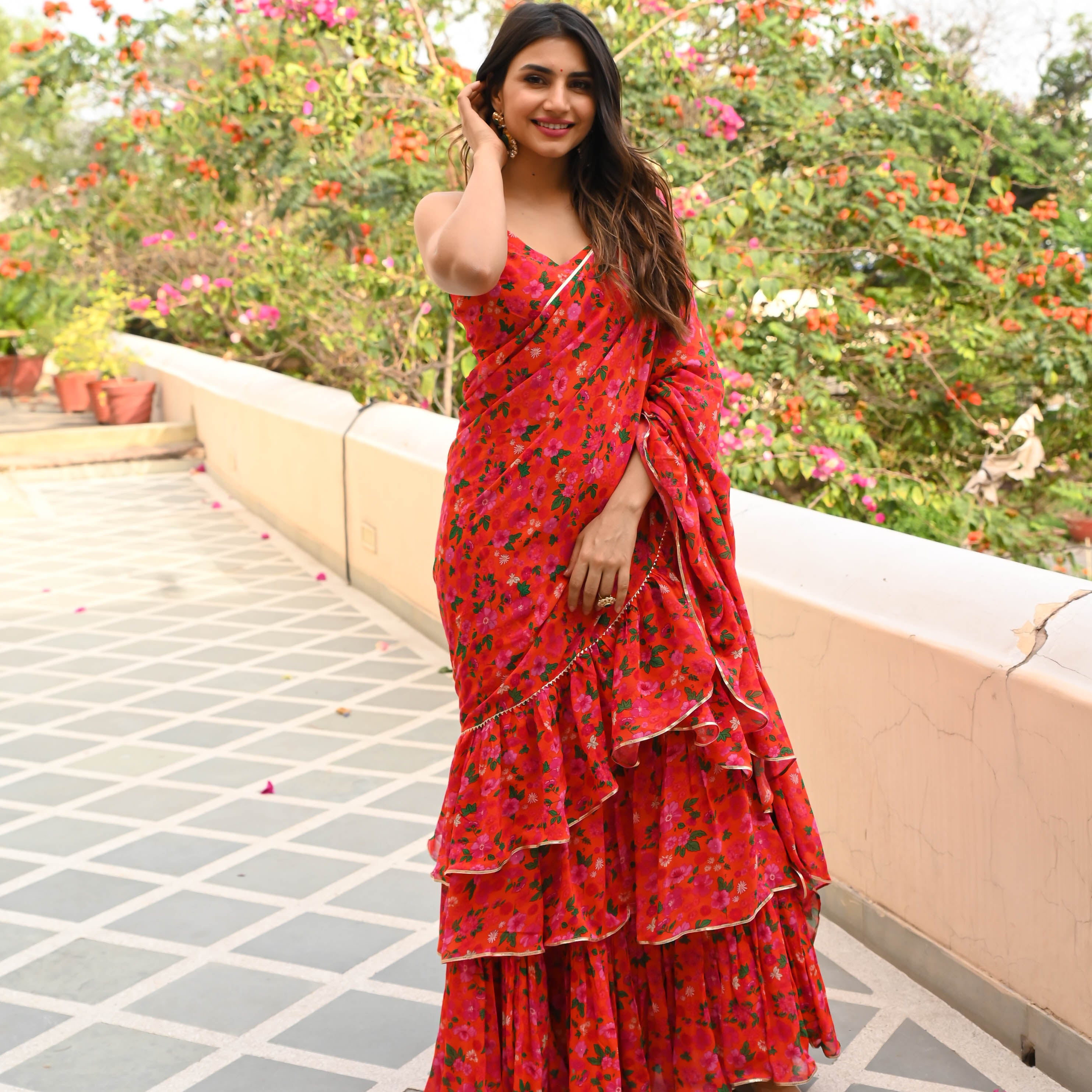 Red Malati Floral Drape Saree for women online