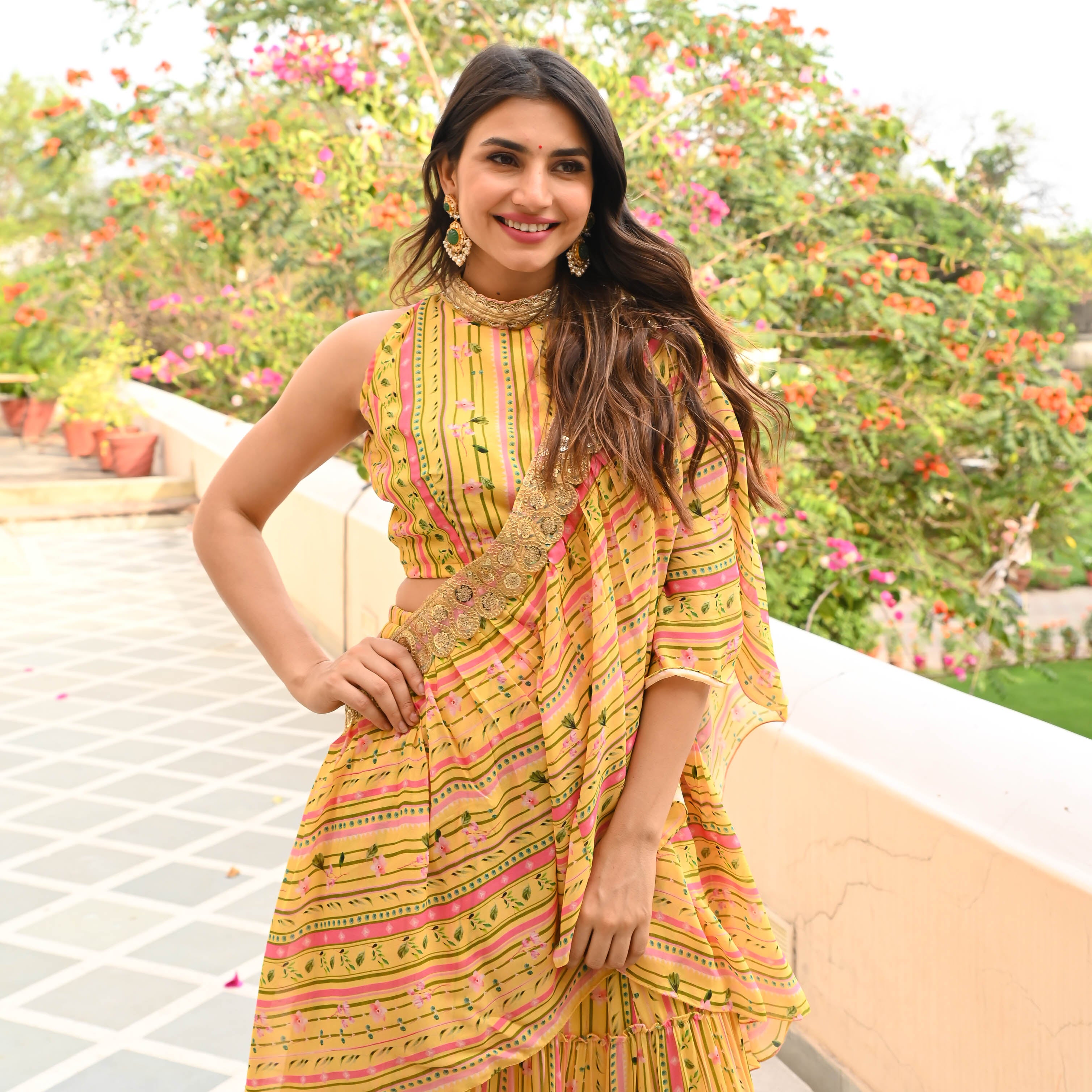 Yellow Stripes Draped Saree for Women Online