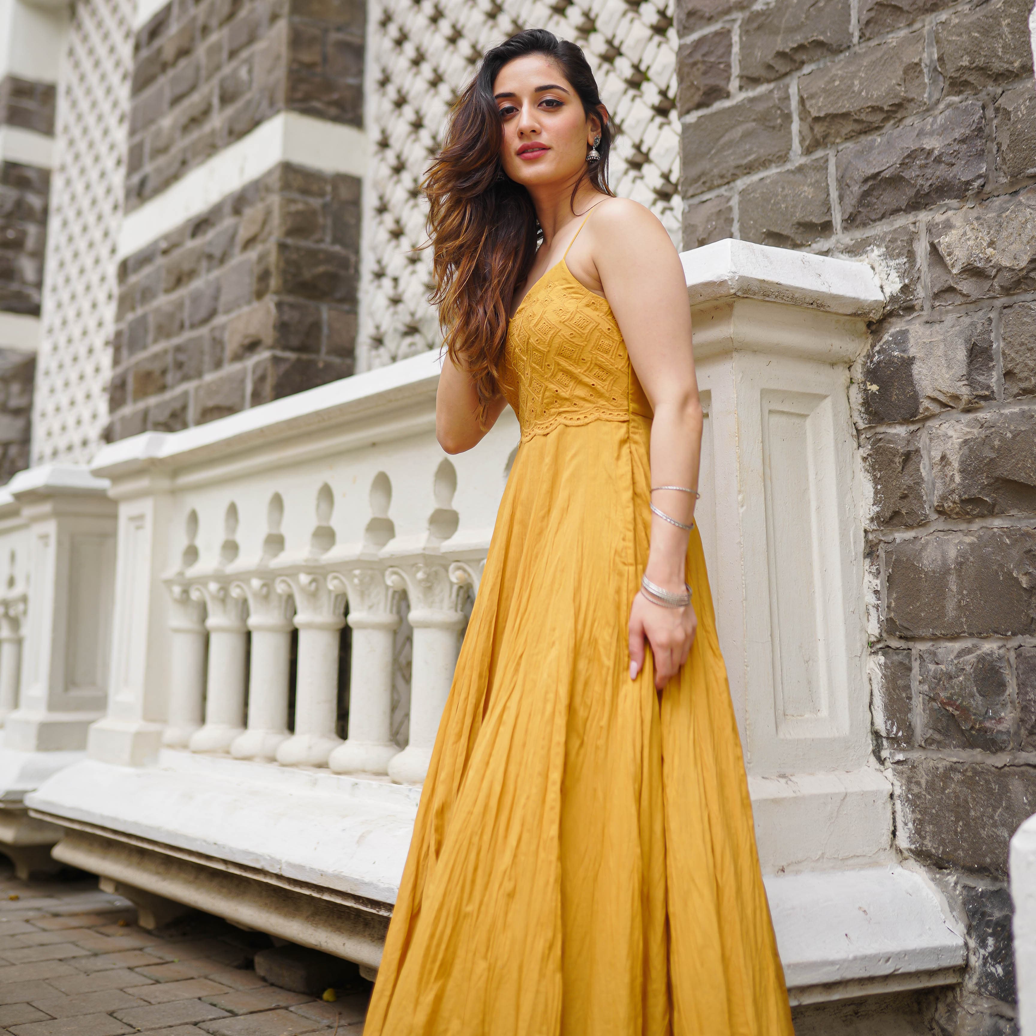 Buy Bunaai Mia Sleeveless Yellow Cotton Maxi Dress For Women Online