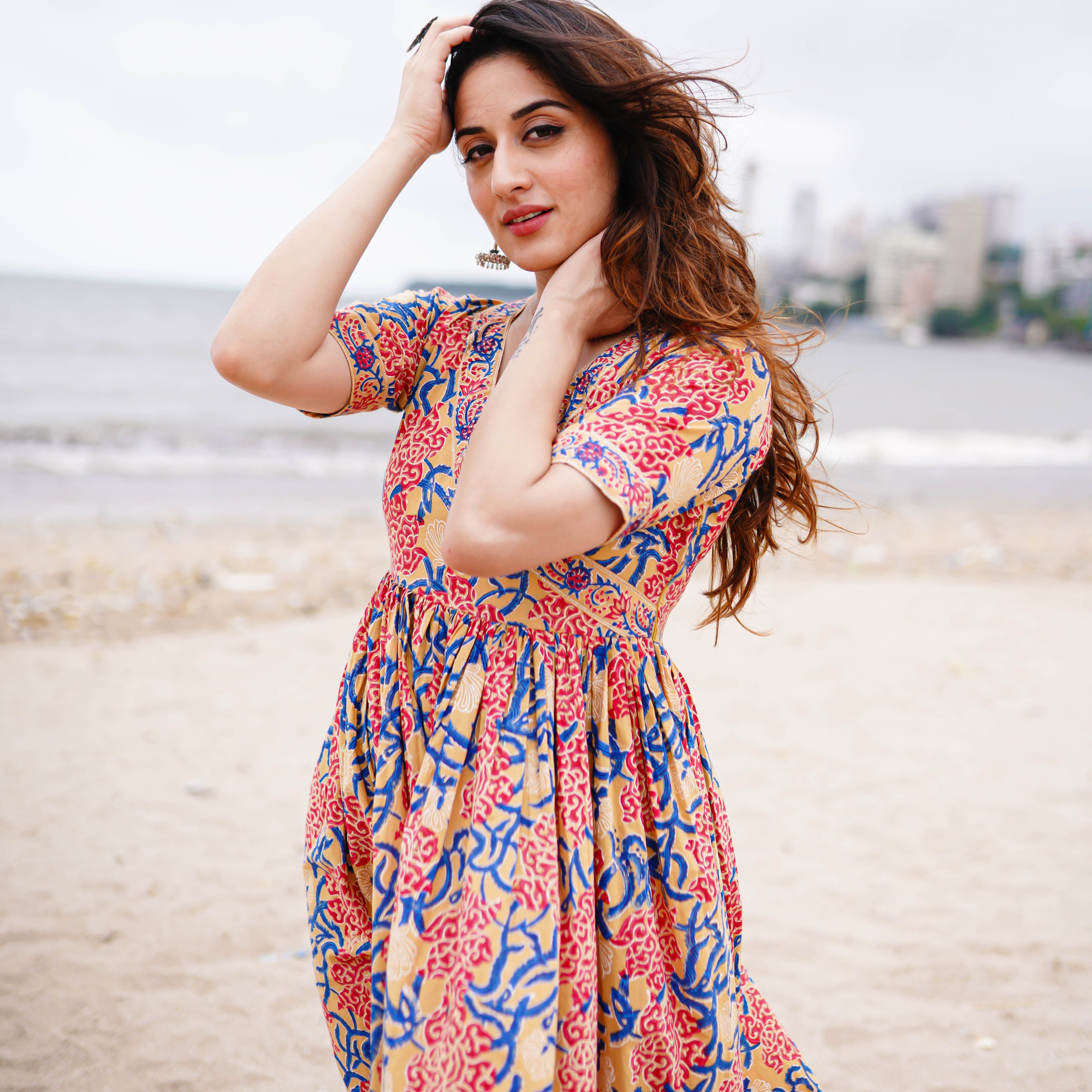 Allover Handblock Printed Cotton Dress