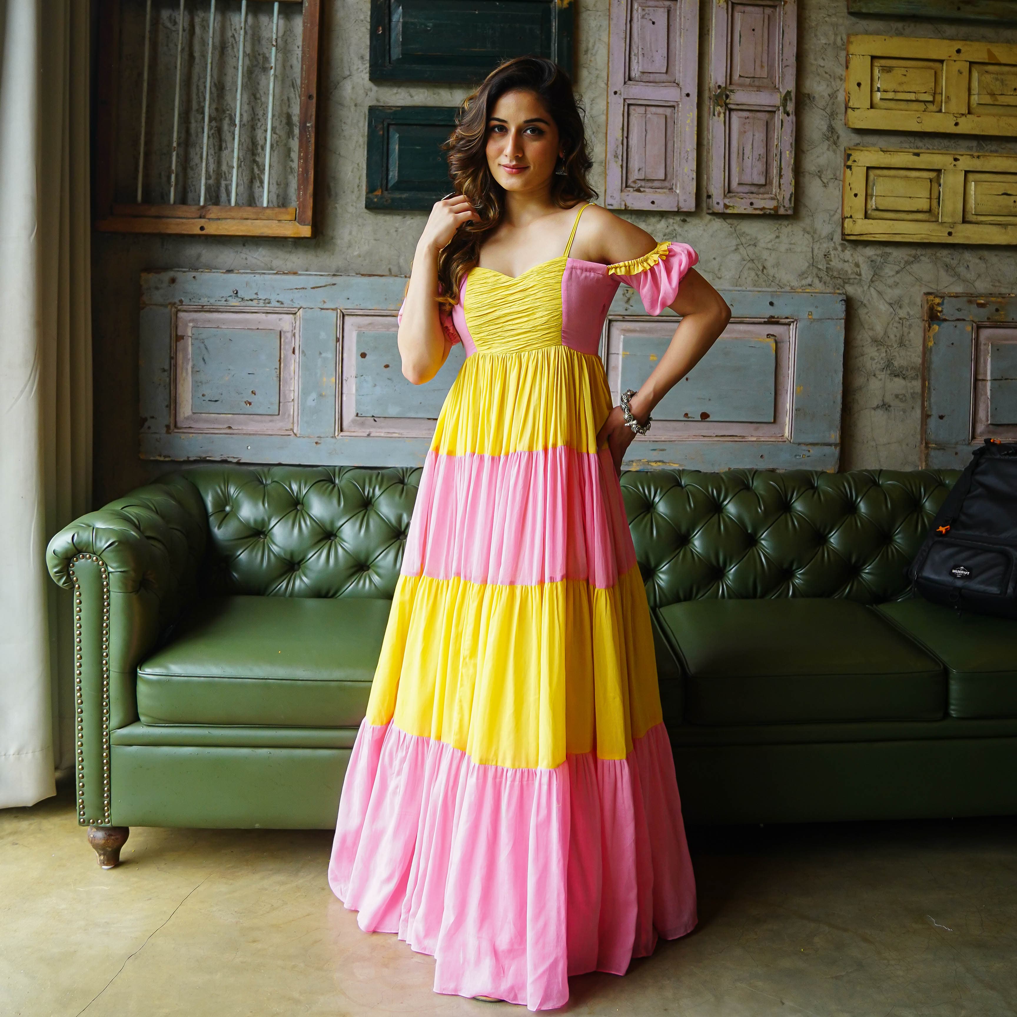 Buy Bunaai Amelia Pink and Yellow Cotton Maxi Dress For Women Online