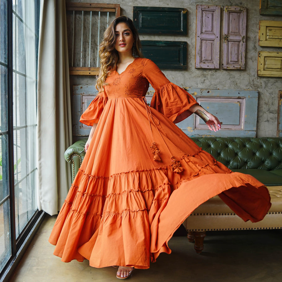 Buy Bunaai Pure White Cotton Maxi Dress For Women Online