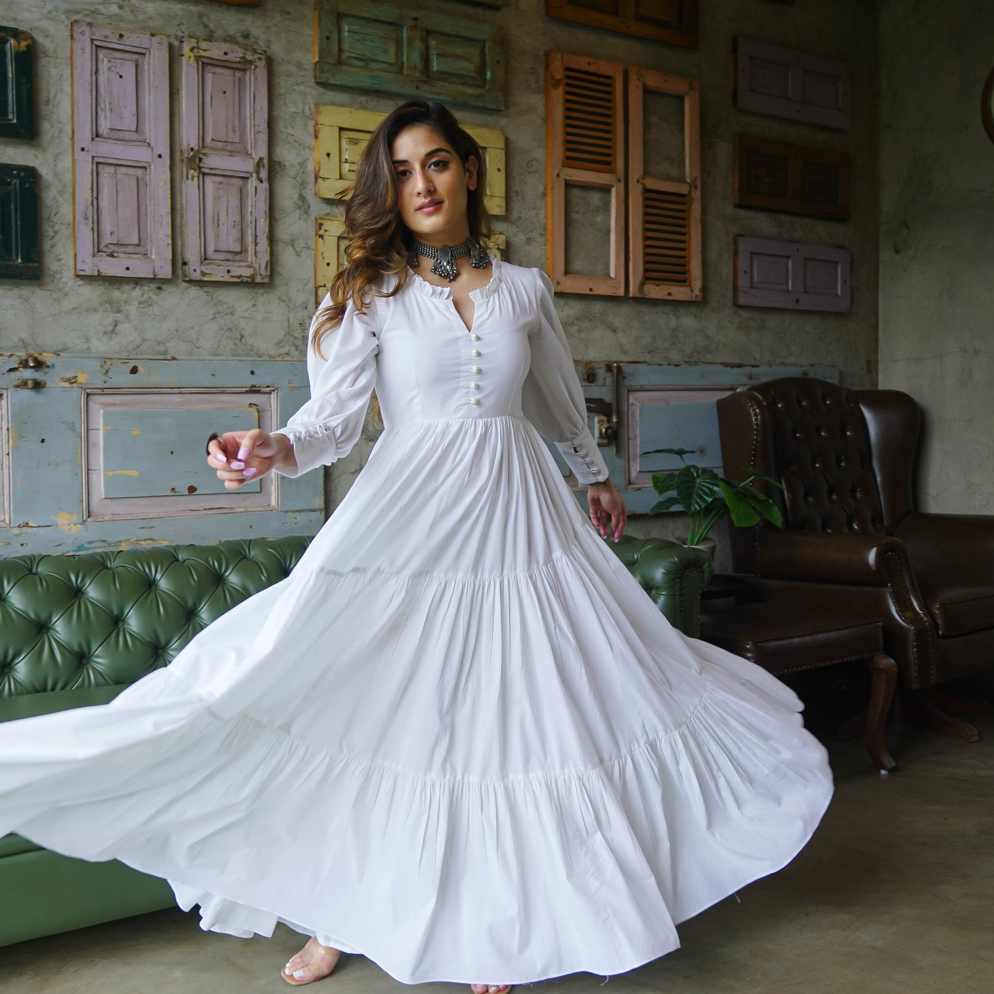 Buy Bunaai Pure White Cotton Maxi Dress For Women Online