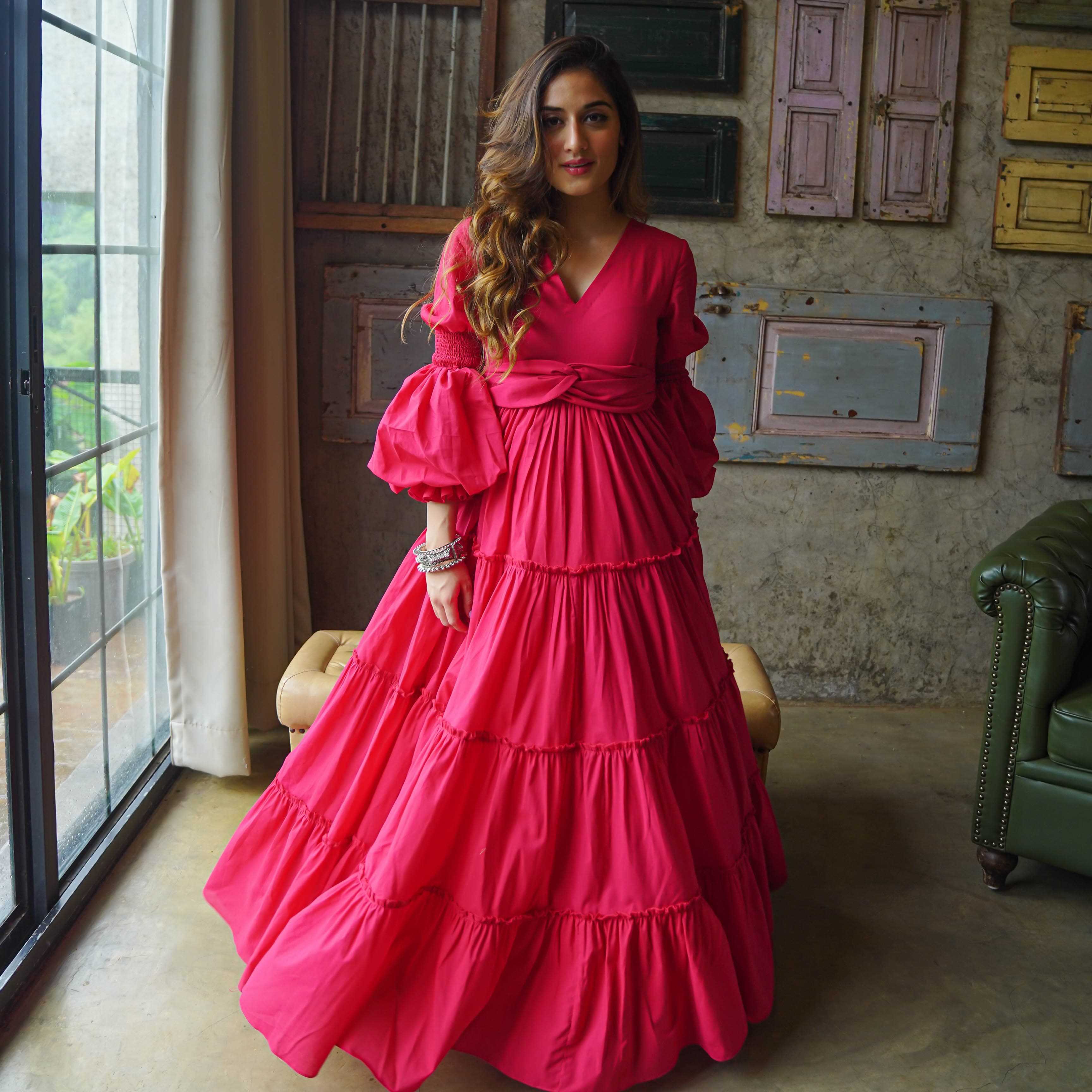 Amara Belt Pink Cotton Maxi Dress For Women Online
