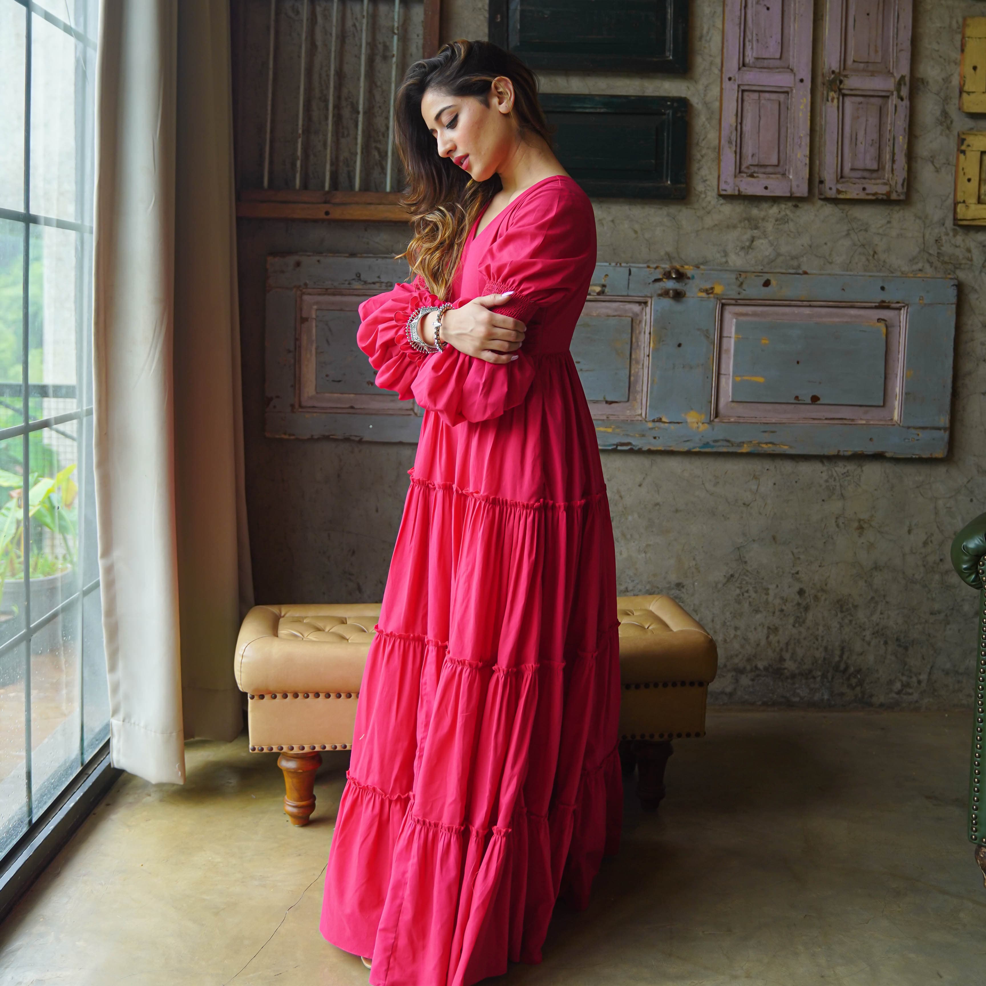 Buy Bunai Amara Belt Pink Cotton Maxi Dress For Women Online