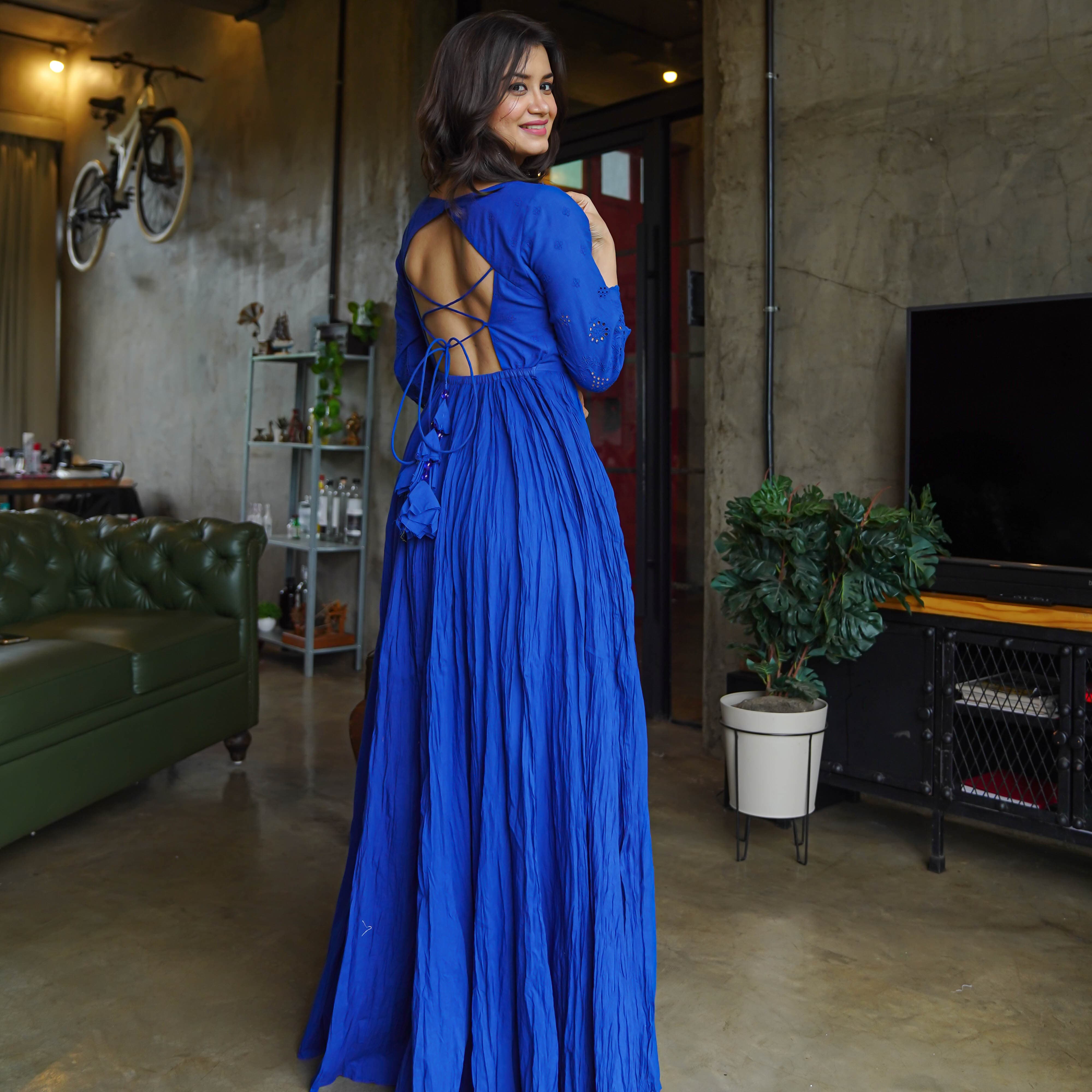  Hot Blue Cotton Maxi Anarkali Dress For Women Online