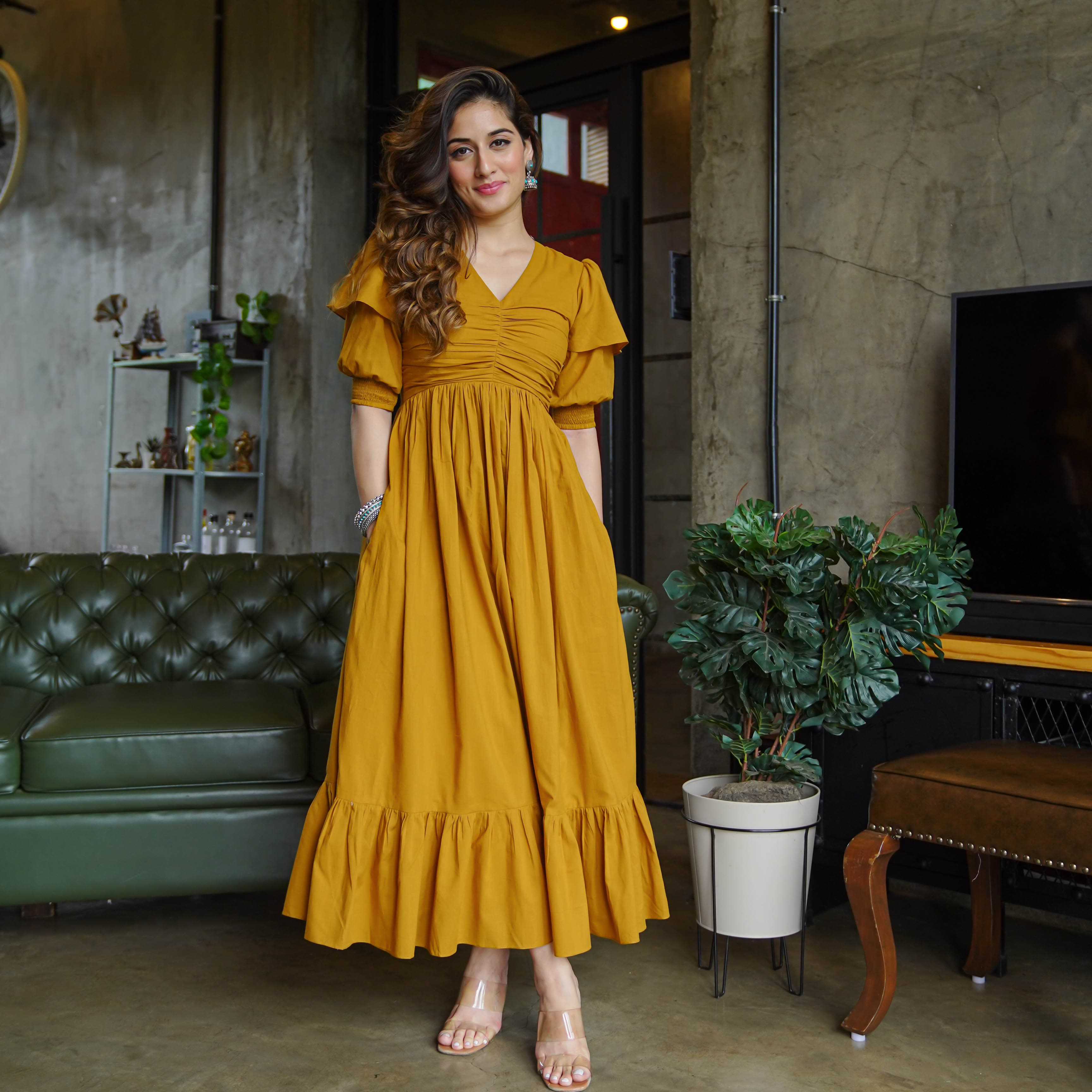 Mustard Puffed sleeved dress
