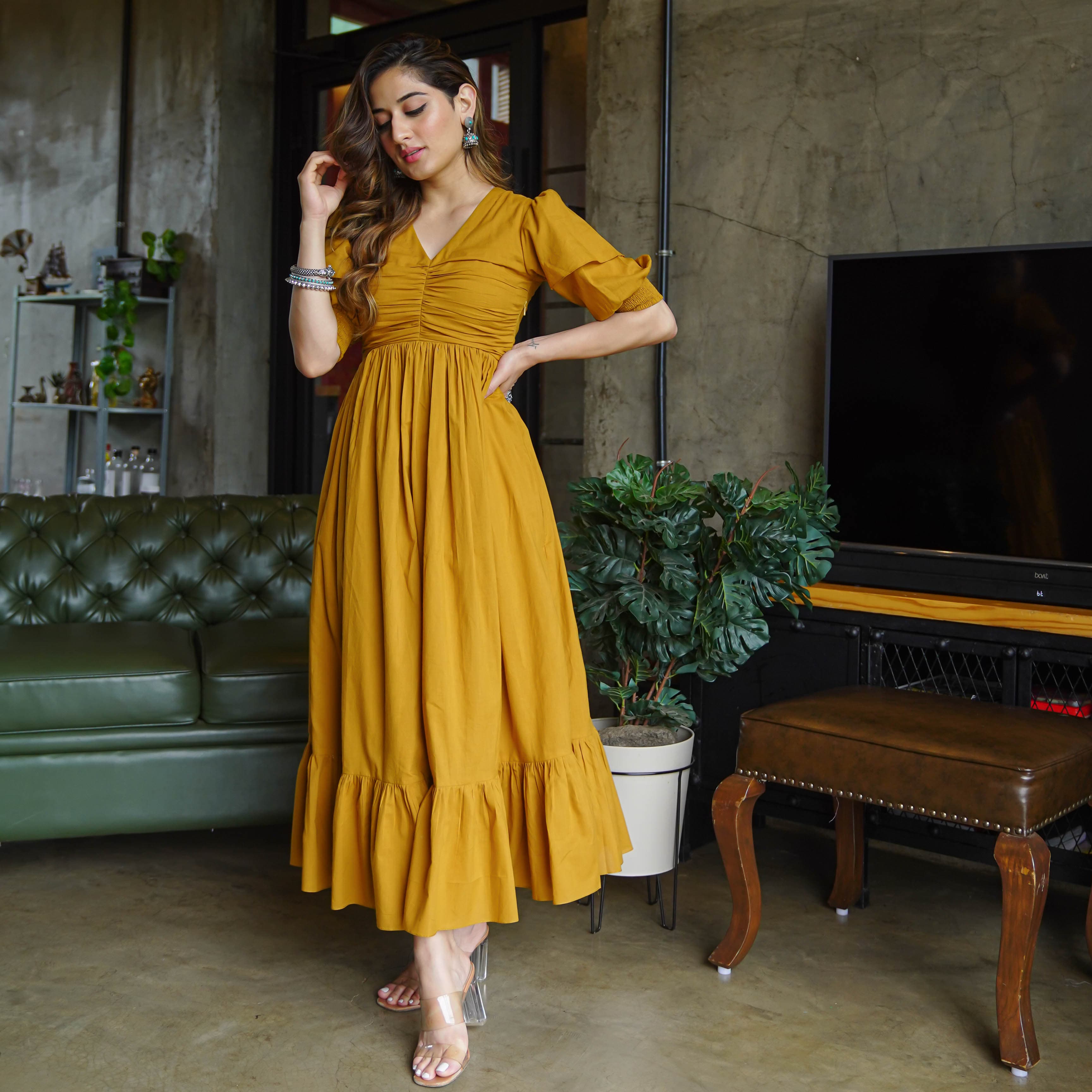 Mustard Puffed sleeved dress