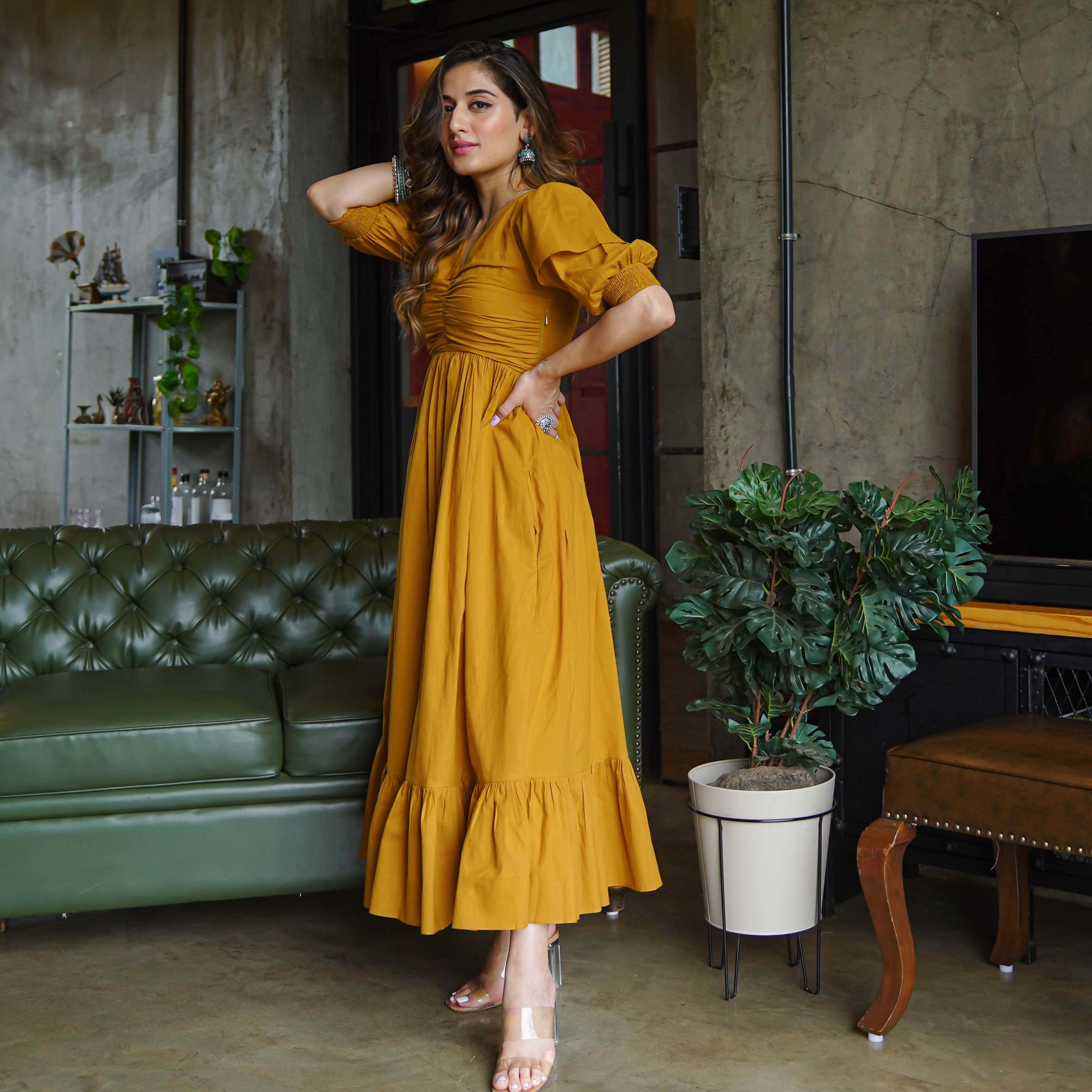 Mustard Puffed sleeved dress