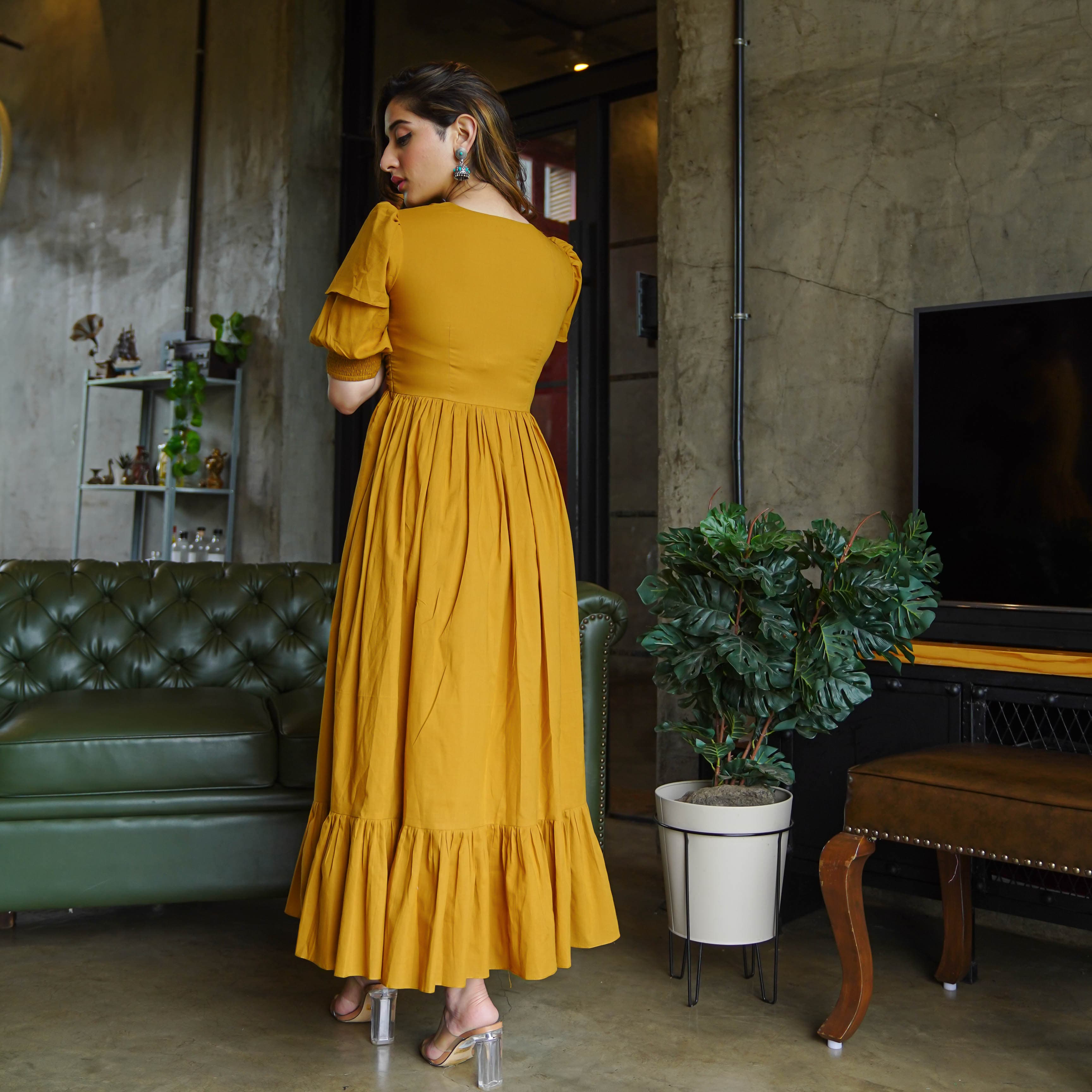 Mustard Puffed sleeved dress