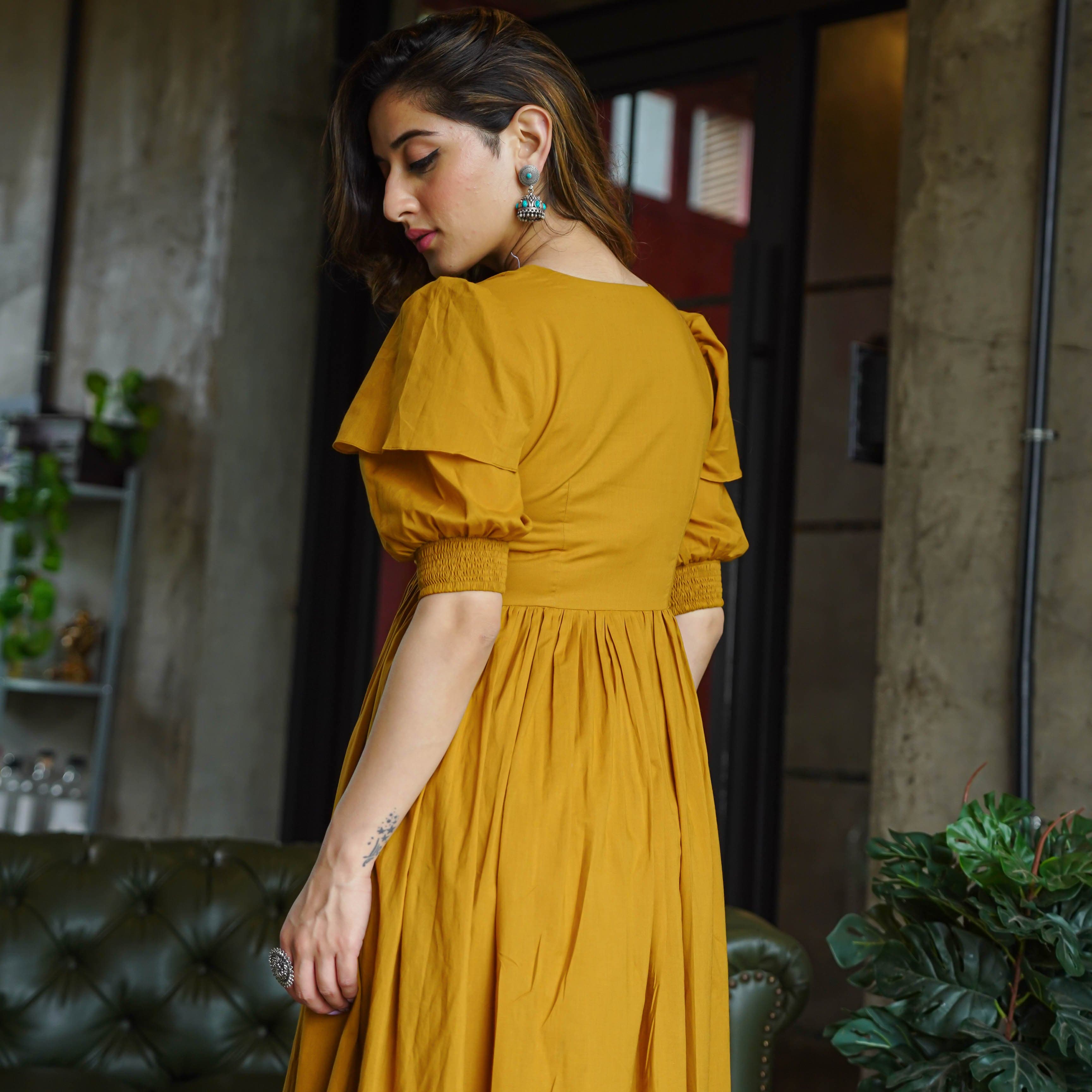 Mustard Puffed sleeved dress