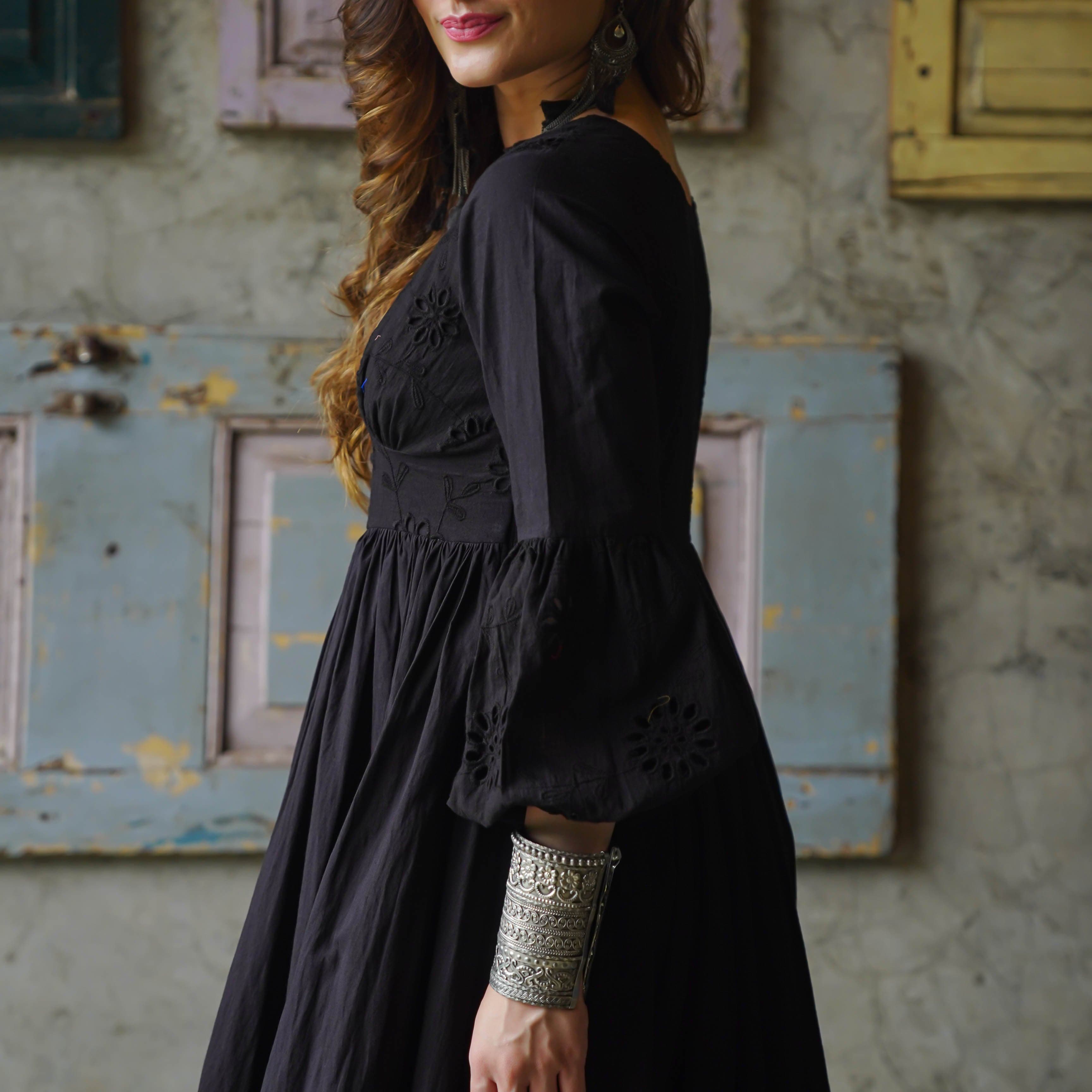 Black Schiffli Long Cotton Maxi Dress For Women Online