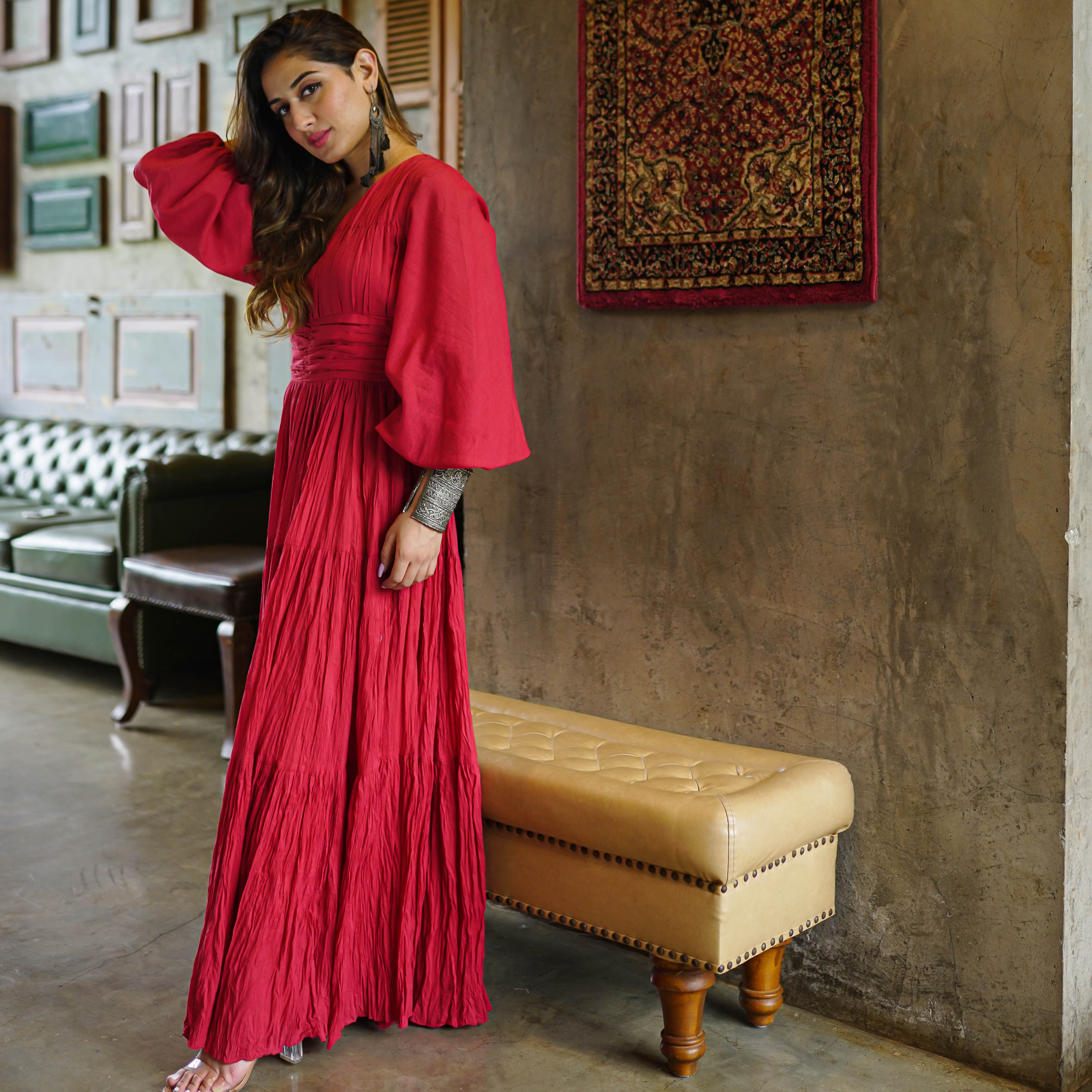 Long Maroon Tier dress