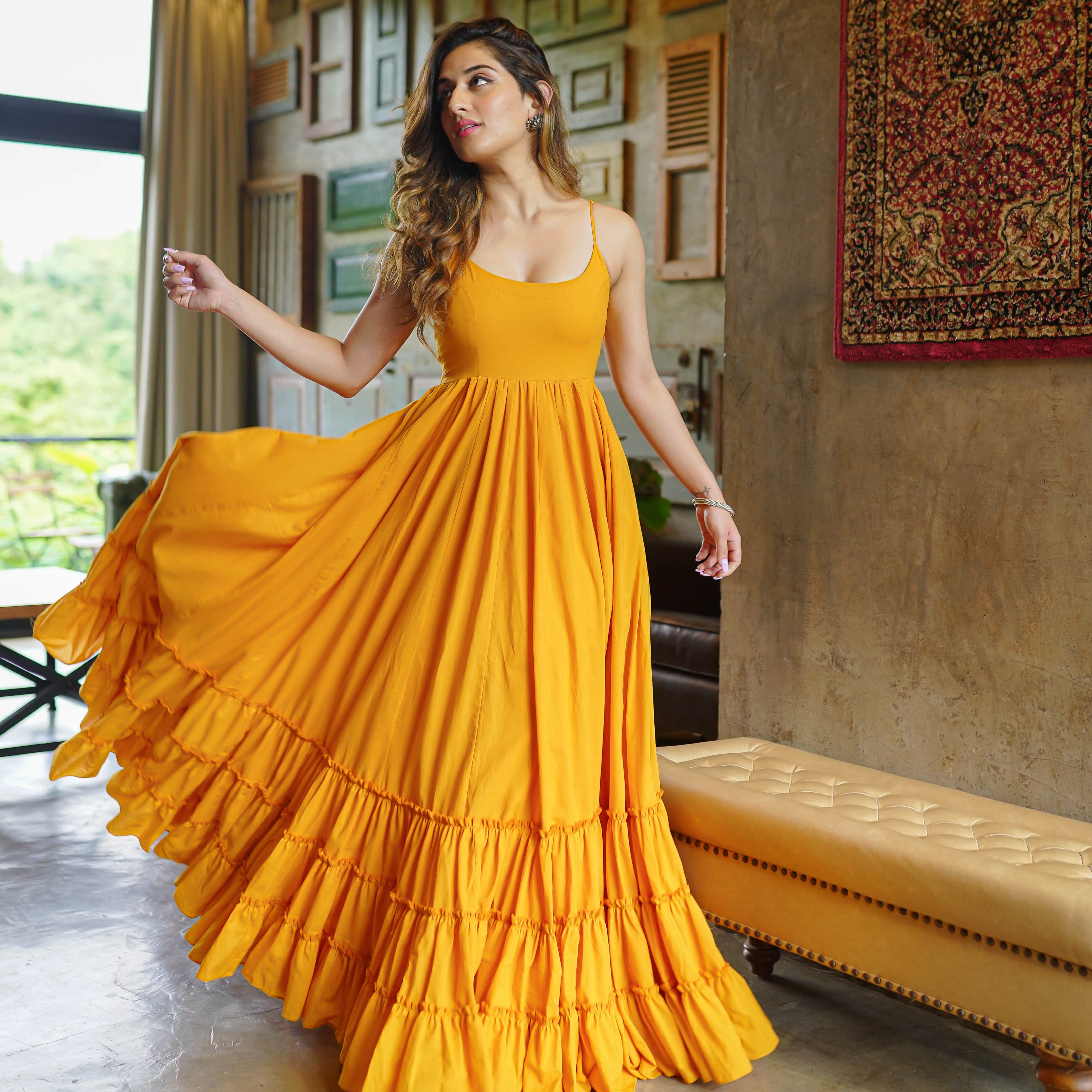 Buy Bunaai Olivia Mustard Cotton Maxi Dress For Women Online