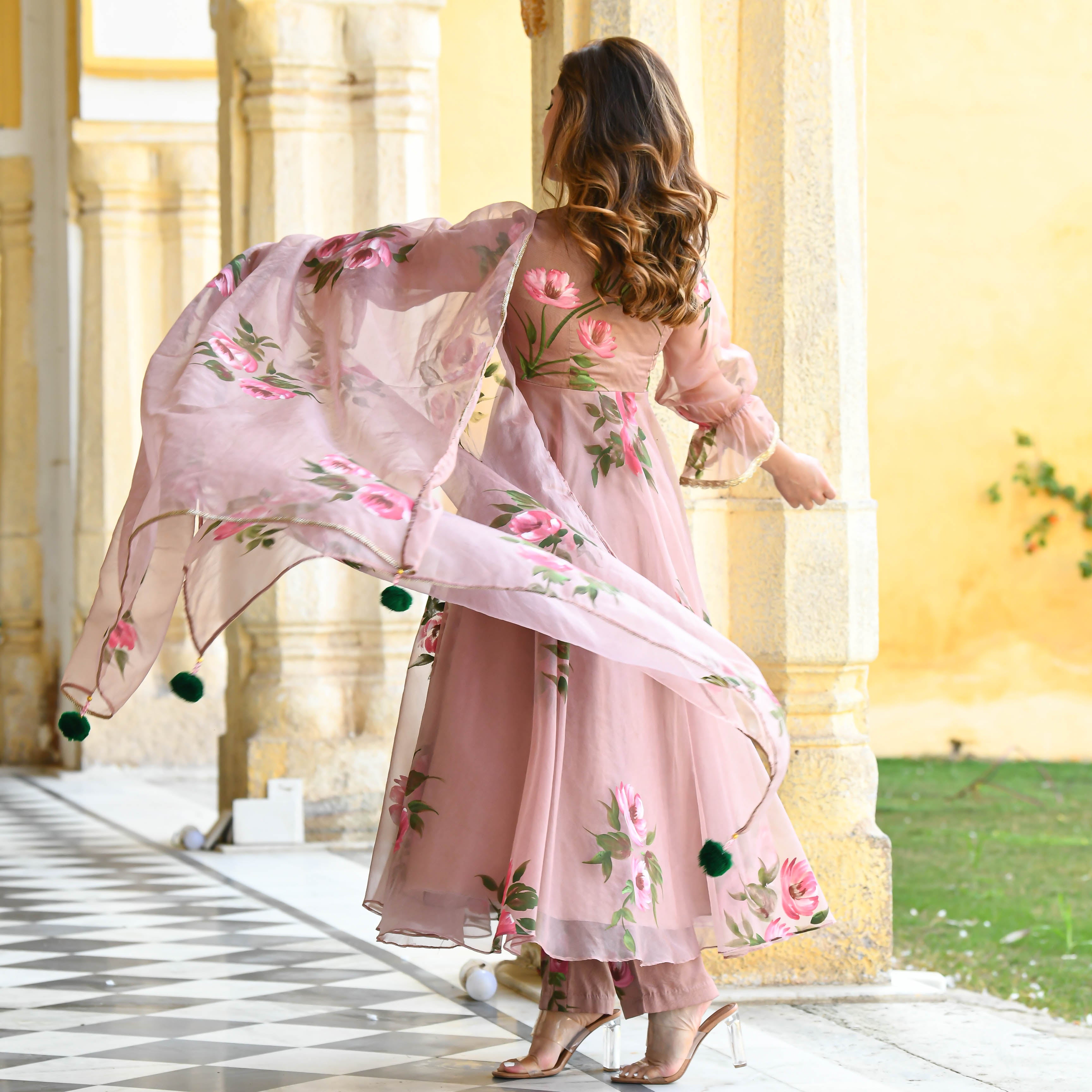 Sweet pink floral handpainted suit set for women online 