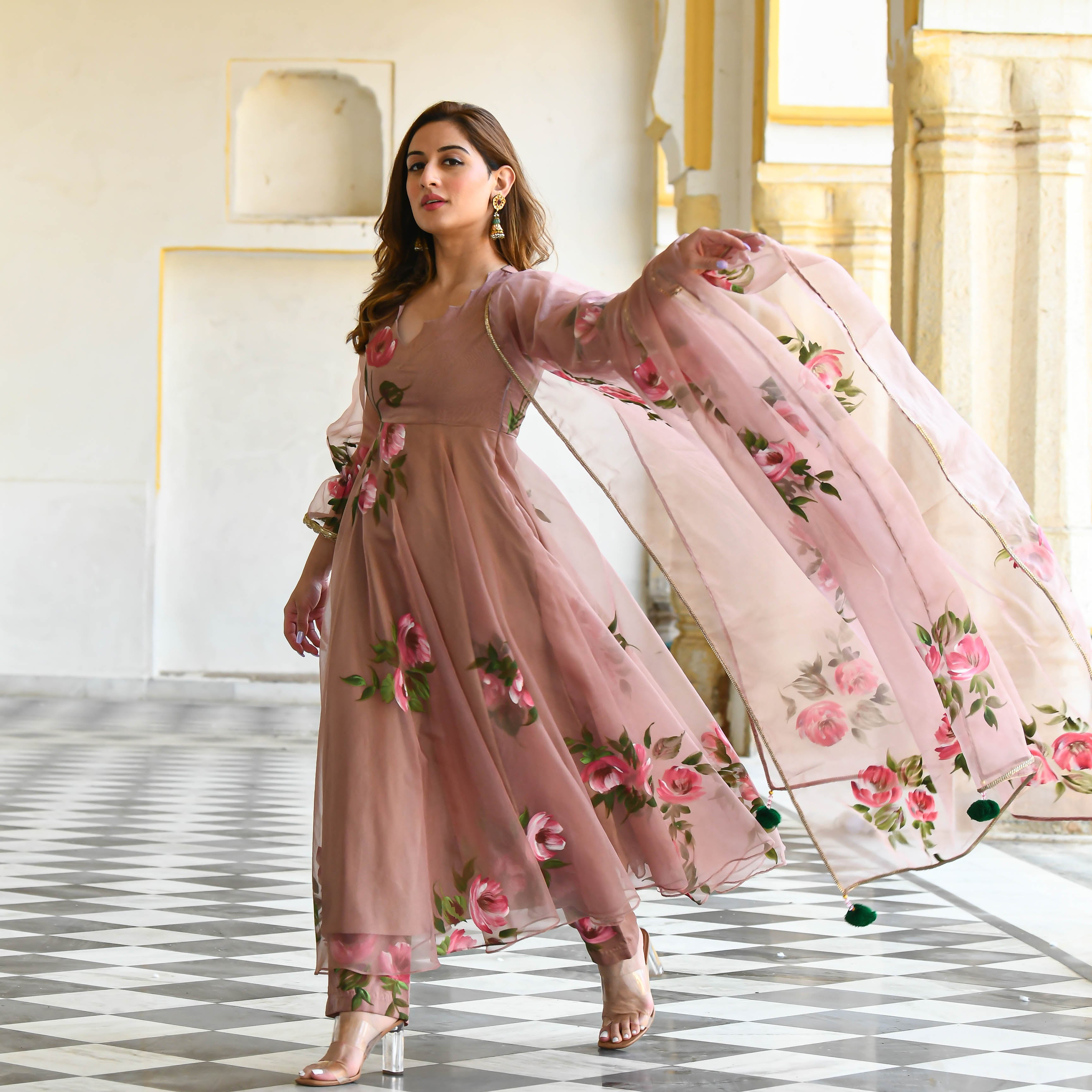 Sweet Pink Designer Handpainted Floral Organza Suit Set For Women Online