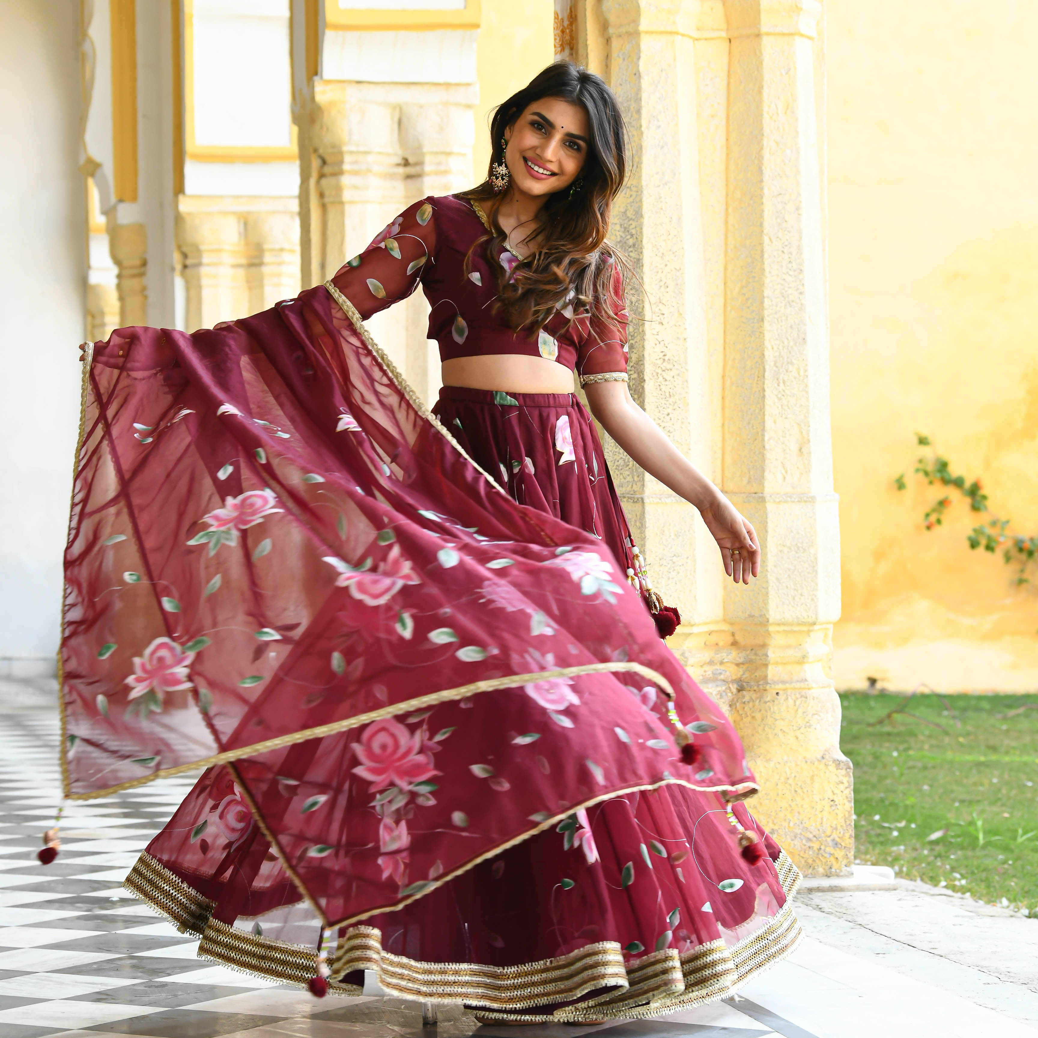 Designer Maroon Handpainted Floral Organza Lehenga For Women Online