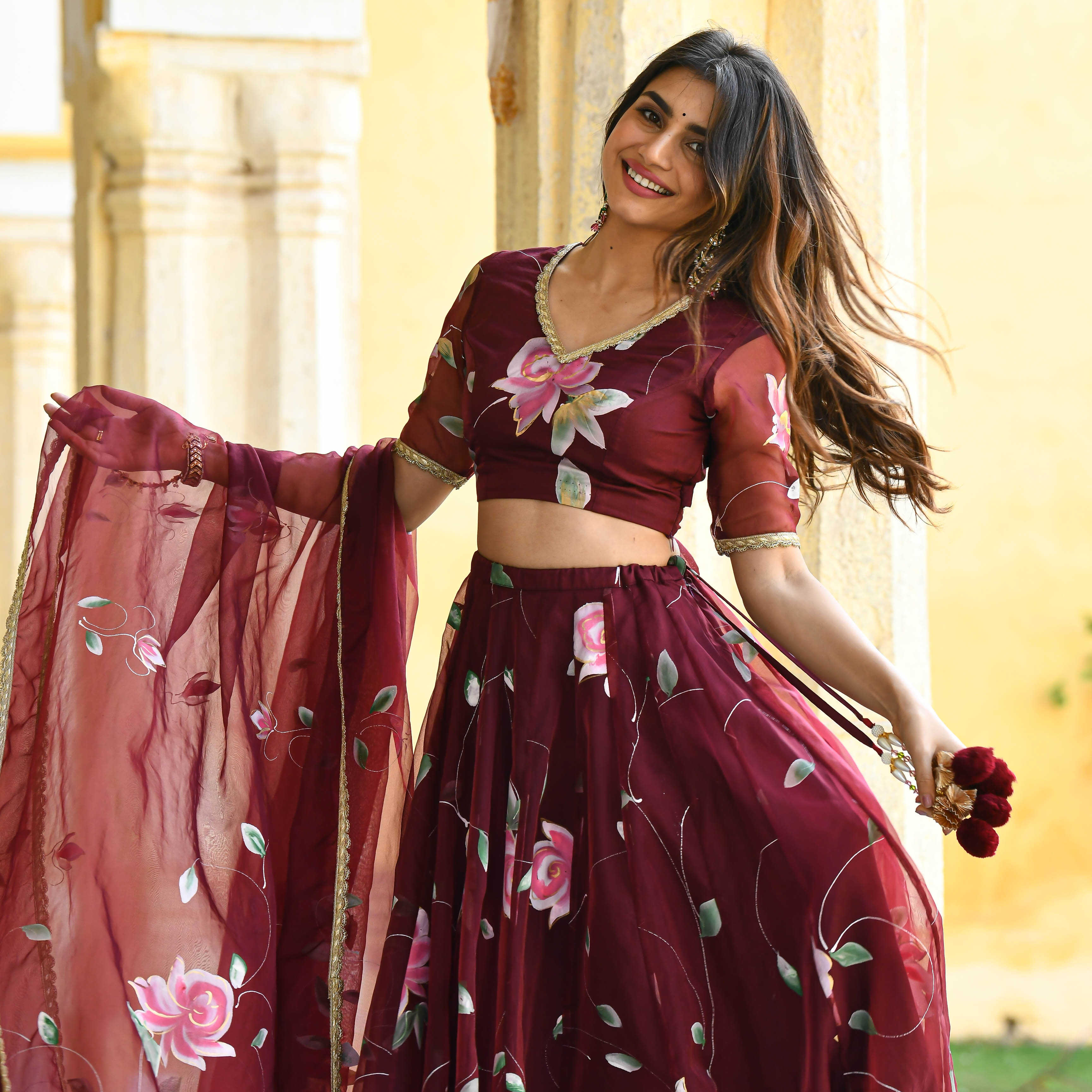 Designer Maroon Handpainted Floral Organza Lehenga For Women Online