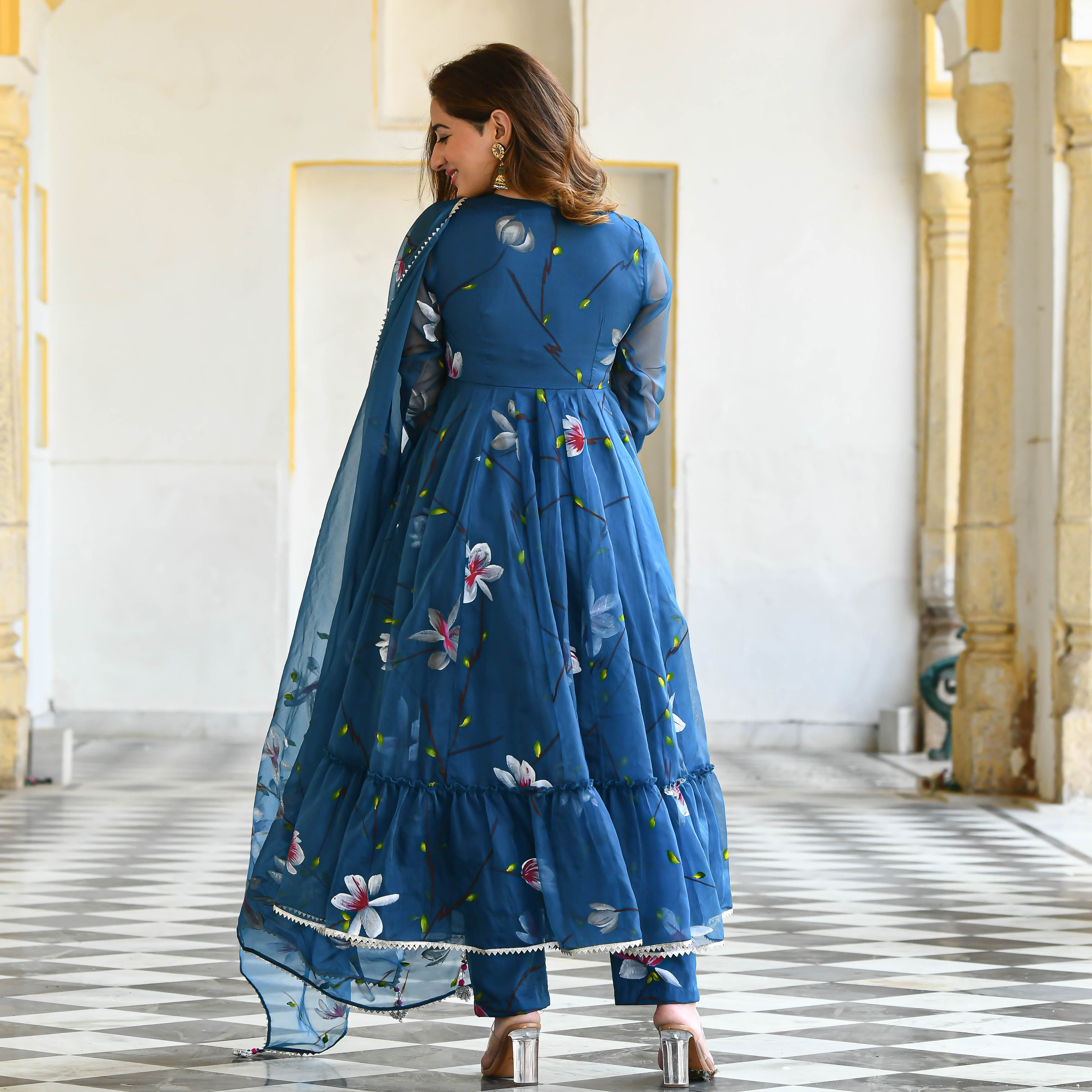 Blueish Handpainted Floral suit set for women online 