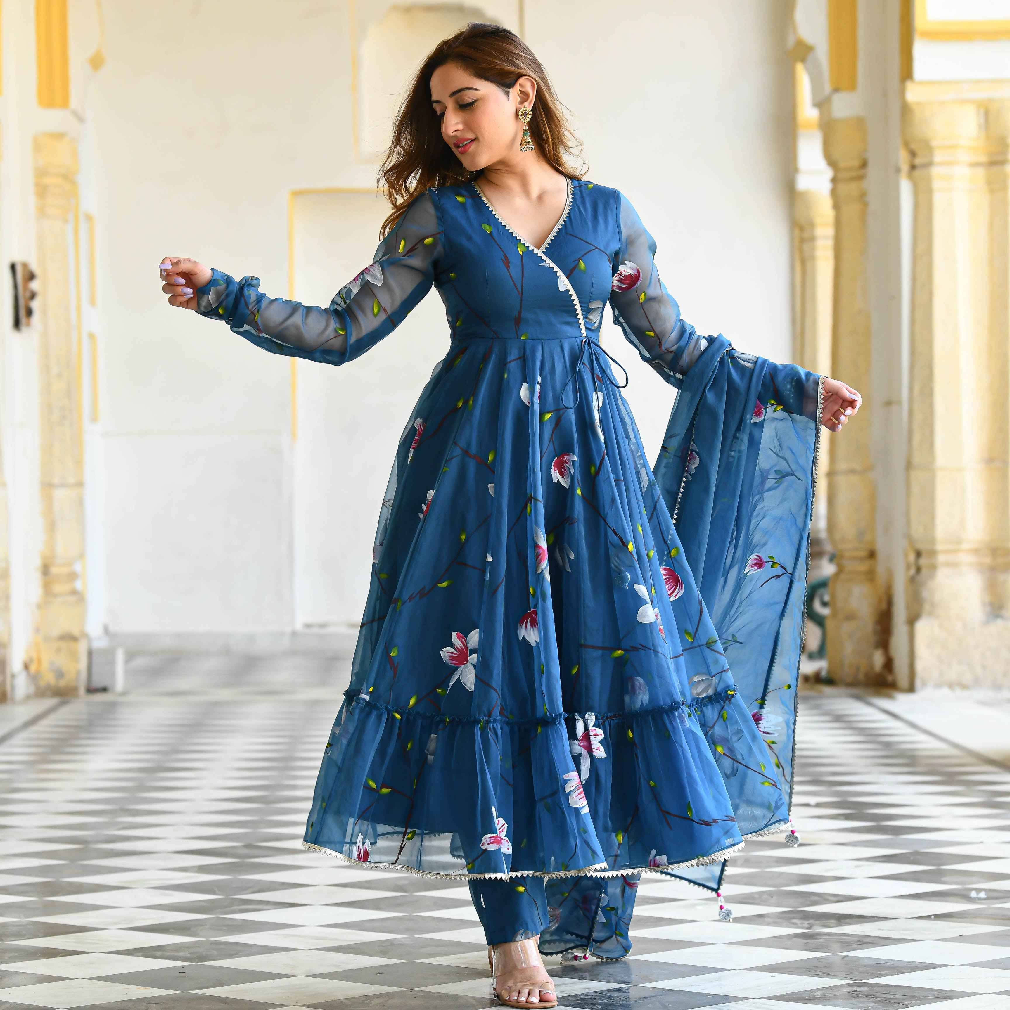 Blueish Designer Handpainted Floral Organza  Suit Set For Women Online